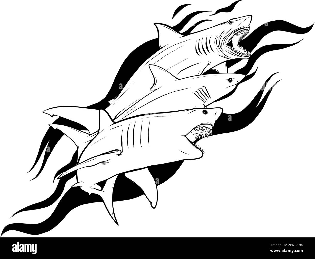 Satz einfarbiger Shark-Vektorsilhouetten. Seefische, Tiere schwimmen, Fauna Illustration. Stock Vektor