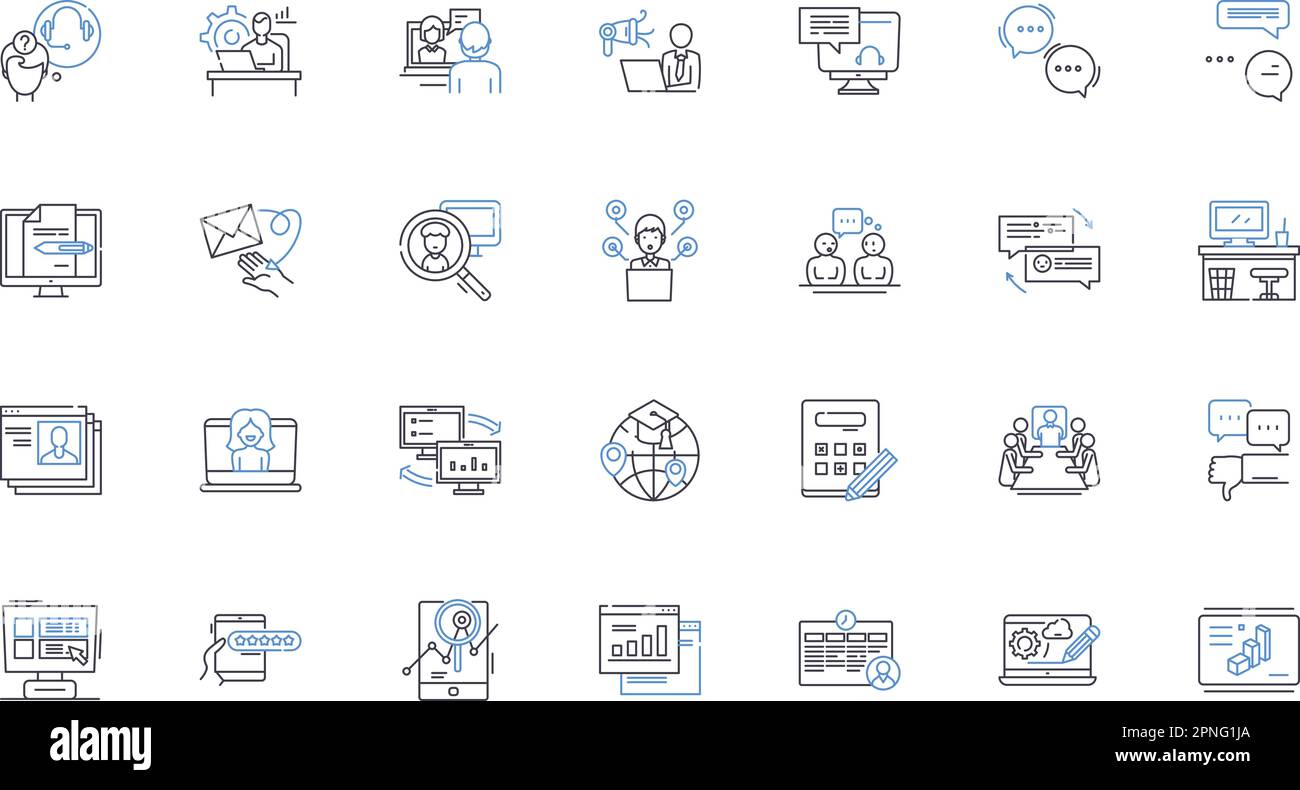 Vernichtet die Symbolsammlung der Linien. Online, Virtuell, Digital, Cyber, Vernetzt, Nerked, sozialer Vektor und lineare Illustration. Online-Community, technisch versiert Stock Vektor
