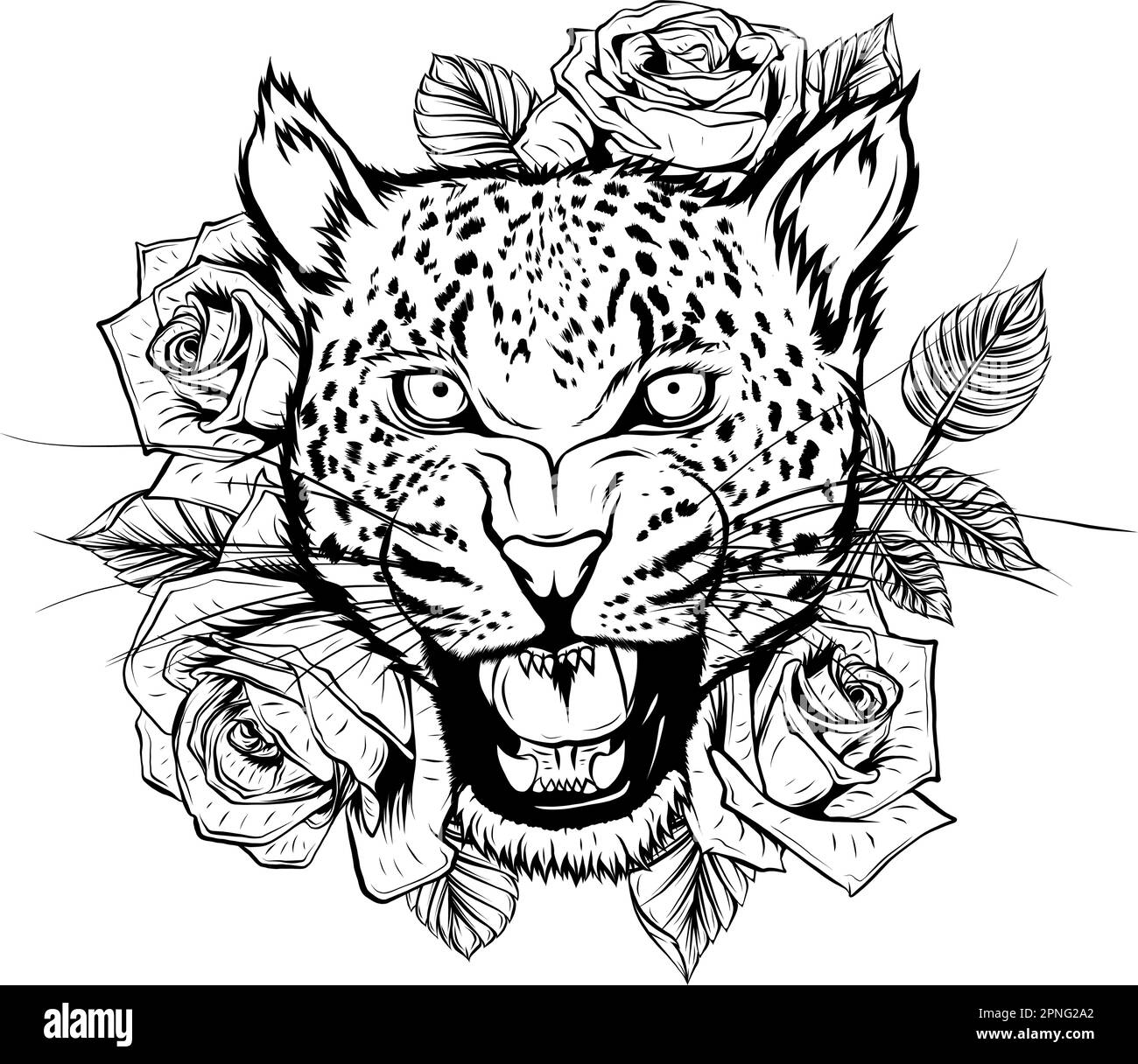 Leopardenkopf. Strichgrafiken. Vektor-isolierte Darstellung auf Weiß. Handgezeichnete Skizze. Schwarzweiß. Stock Vektor