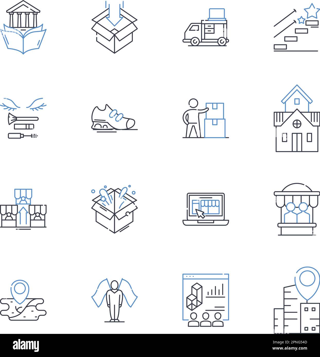 Symbolsammlung für Postdienste in der Stadt. Zustellung, Postfach, Kurier, Porto, Sortieren, Postfach, Stempelvektor und lineare Darstellung. Post Stock Vektor