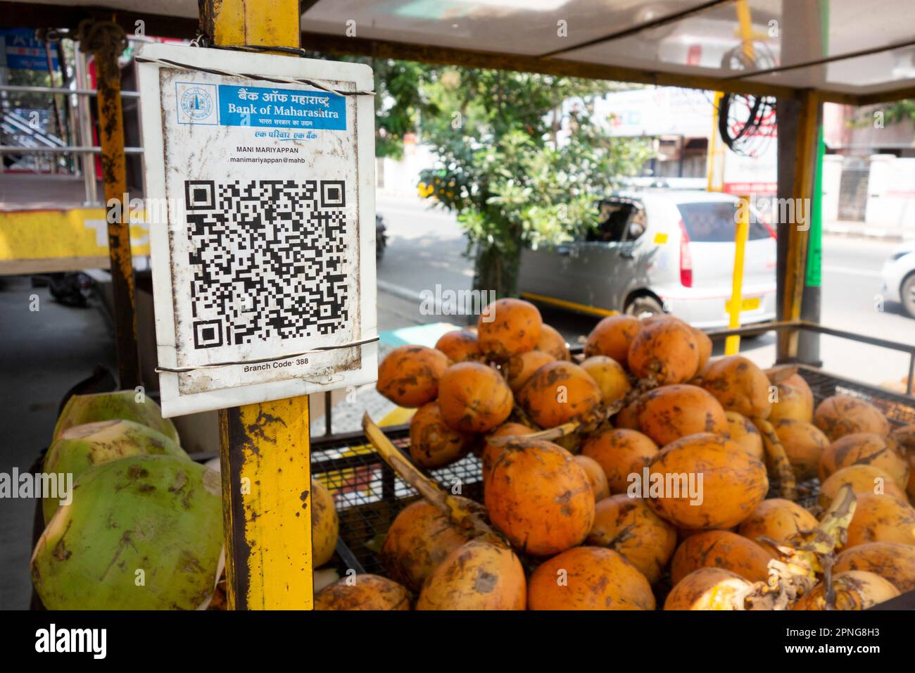 QR-Code für bargeldlose Zahlungen am Verkaufsstand eines Kokosnussverkäufers in Trichy, Indien Stockfoto