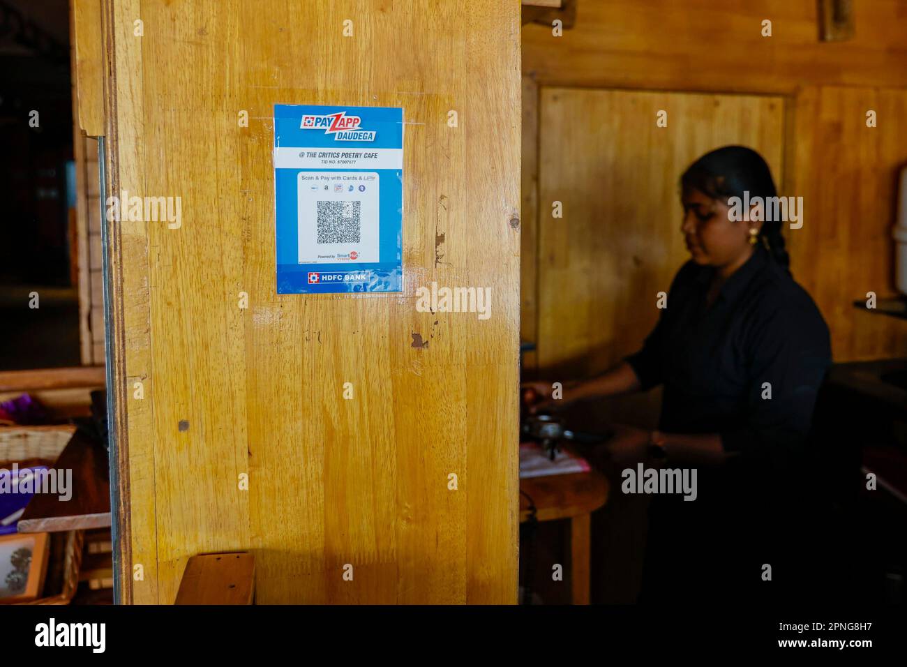 QR-Code für bargeldlose Zahlungen im Critics Poetry Cafe in Trichy, Indien Stockfoto