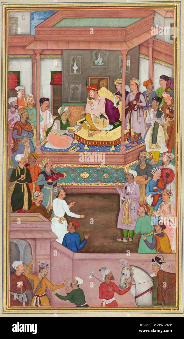 Indien: Abu'l-Fazl ibn Mubarak präsentiert dem Mogul-Kaiser Akbar die Akbarnama. Miniaturmalerei von Govardhan (Reihe 1596-1640), c. 1603-1605. Akbar (25. Oktober 1542 bis 27. Oktober 1605), auch bekannt als Shahanshah Akbar-e-Azam oder Akbar der große, war der dritte Mogul-Kaiser. Er war von timuridem Abstammung; der Sohn von Kaiser Humayun und der Enkel von Kaiser Babur, dem Herrscher, der die Mogul-Dynastie in Indien gründete. Am Ende seiner Herrschaft im Jahr 1605 erstreckte sich das Mogul-Reich über den größten Teil des nördlichen und mittleren Indiens. Akbar war 13 Jahre alt, als er den Mogul-Thron in Delhi bestieg. Stockfoto