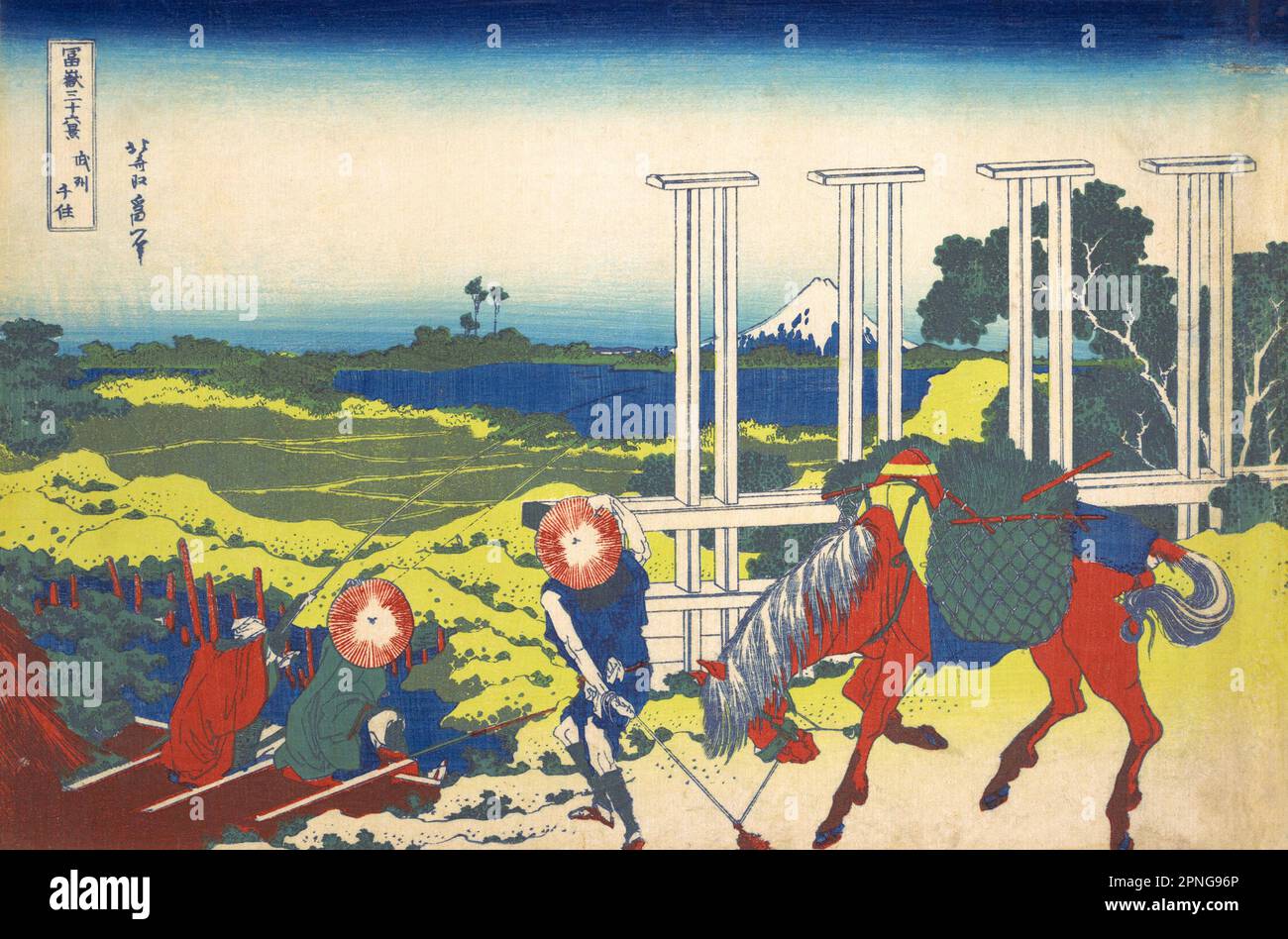 Japan: ‘Senju in der Provinz Musashi’. Ukiyo-e Holzschnitt aus der Serie ‘Thirty-Six views of Mount Fuji’ von Katsushika Hokusai (31. Oktober 1760 - 10. Mai 1849), 1830. ‘Thirty-Six Views of Mount Fuji’ ist eine Serie von Holzschnitten der japanischen Künstlerin Katsushika Hokusai, die „Sukiyo-e“ ‘. Die Serie zeigt den Fuji in unterschiedlichen Jahreszeiten und Wetterbedingungen an verschiedenen Orten und Entfernungen. Es besteht tatsächlich aus 46 Drucken, die zwischen 1826 und 1833 entstanden sind. Die ersten 36 wurden in die Originalpublikation aufgenommen, und aufgrund ihrer Popularität wurden nach der Originalpublikation 10 weitere hinzugefügt. Stockfoto