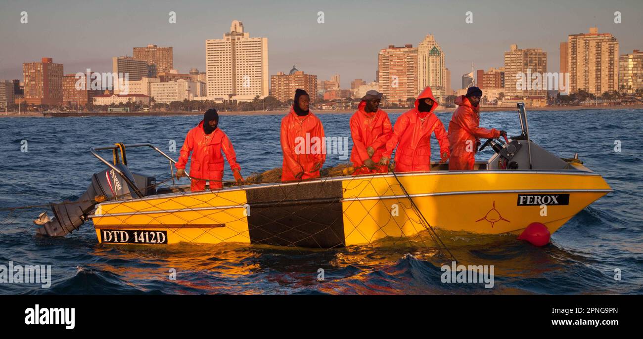 Die Besatzung eines Bootes setzt Netze zum Schutz vor Haien am frühen Morgen vor der südafrikanischen Stadt Durban Stockfoto