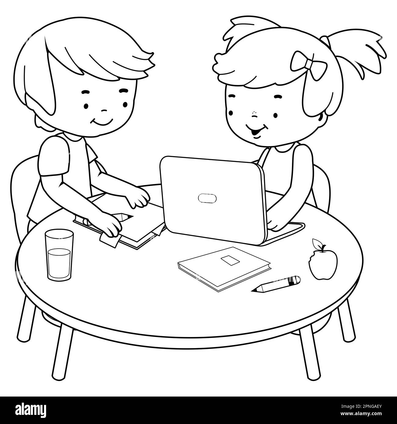 Schüler an einem Schreibtisch, die ihre Hausaufgaben mit einem Computer machen. Schwarzweiß-Farbseite Stockfoto