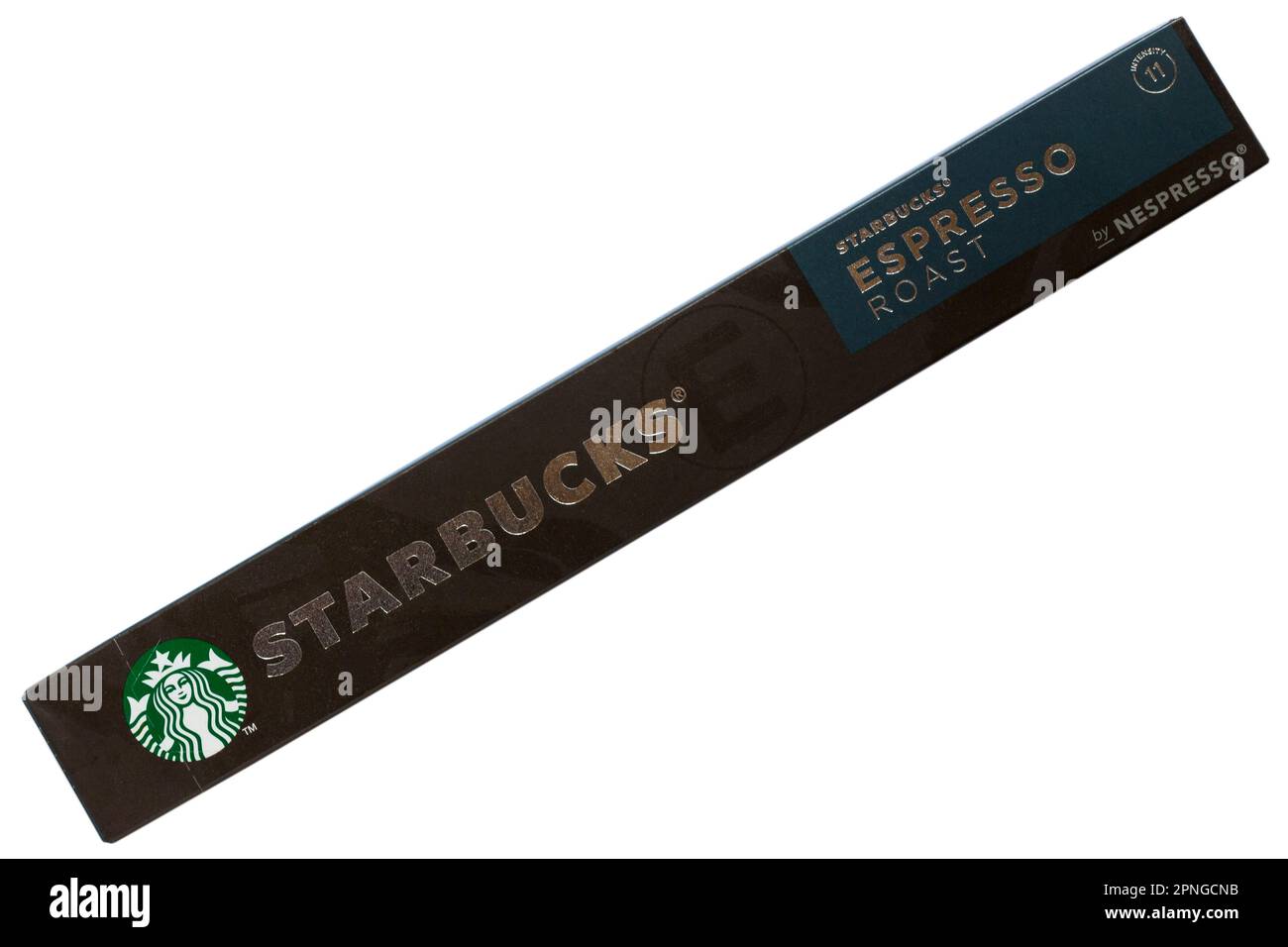Schachtel Starbucks Espresso Roast Kaffeekapseln von Nespresso, isoliert auf weißem Hintergrund Stockfoto