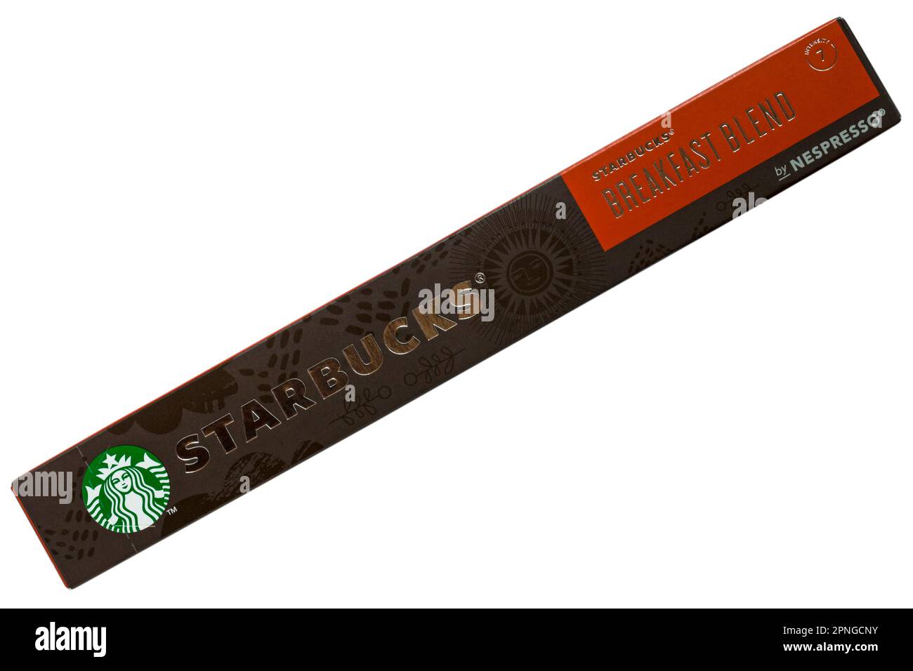Schachtel Starbucks Breakfast Blend Kaffeekapseln von Nespresso isoliert auf weißem Hintergrund Stockfoto