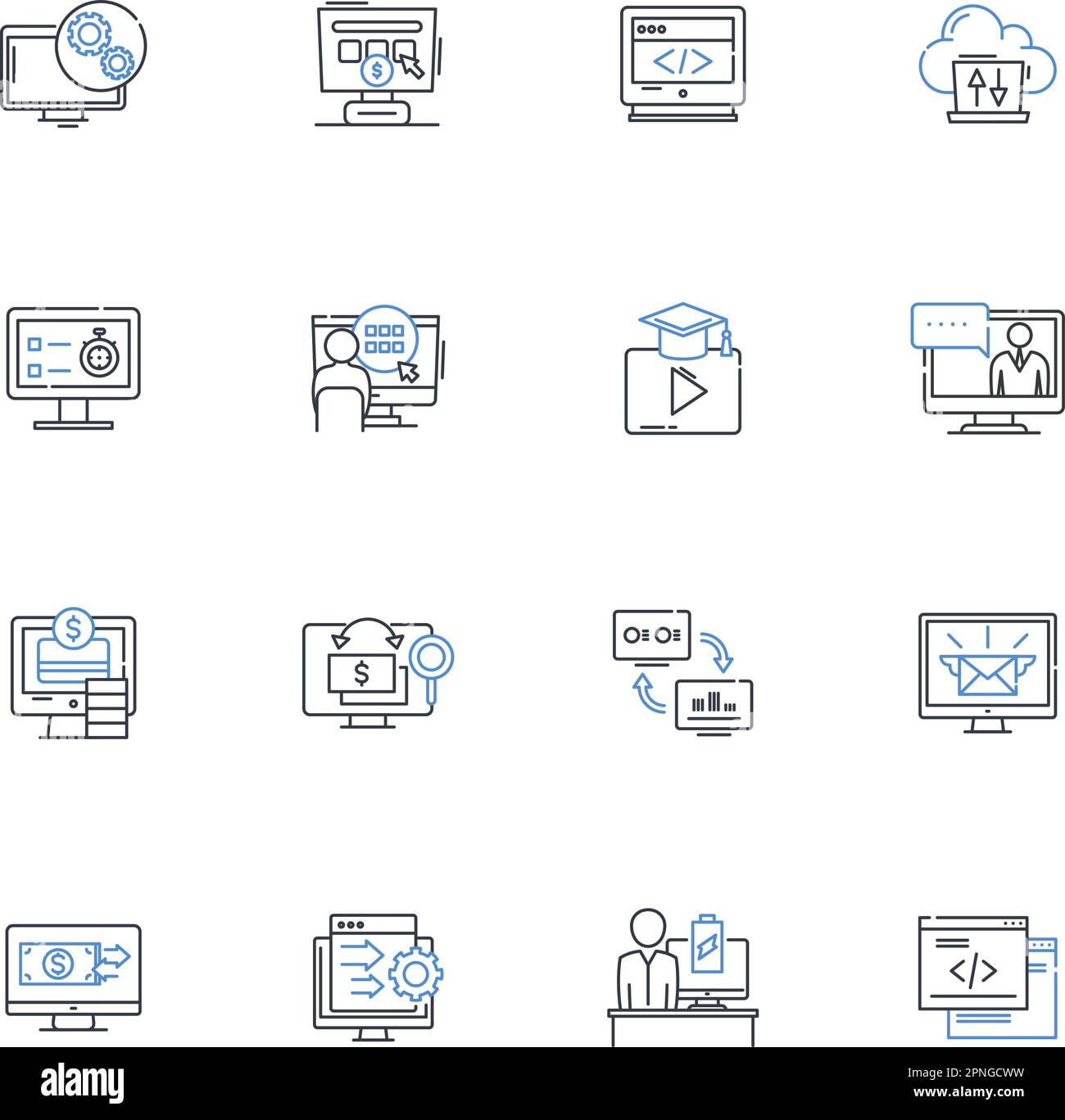 Symbolsammlung der Nerk Infrastructure-Zeile. Cloud, Nerking, Sicherheit, Speicher, Daten, Virtualisierung, Servervektor und lineare Illustration Stock Vektor