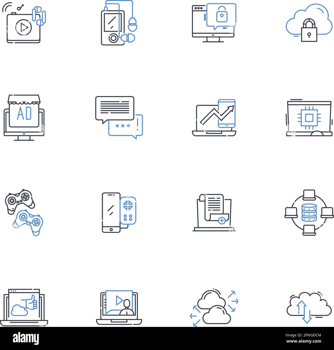 Symbolsammlung für künstliche Analyselinien. Automatisierung, Algorithmen, Maschinelles Lernen, Deep Learning, Neuralnerven, Data Mining, Predictive Analytics Stock Vektor