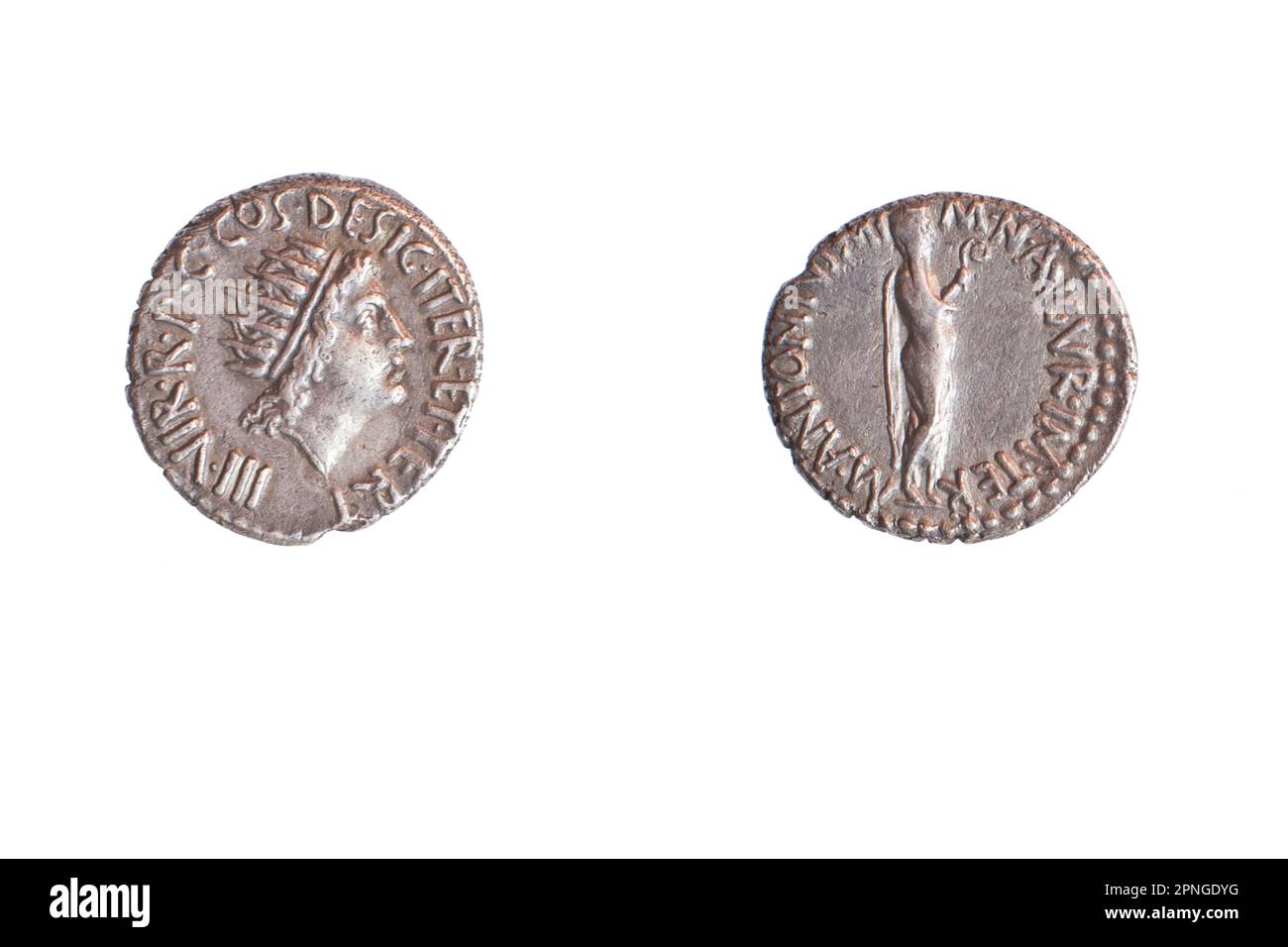 Mark Antony 38 v. Chr. 3,8 Gr Silber. Rechts Antony als Priester. Stockfoto