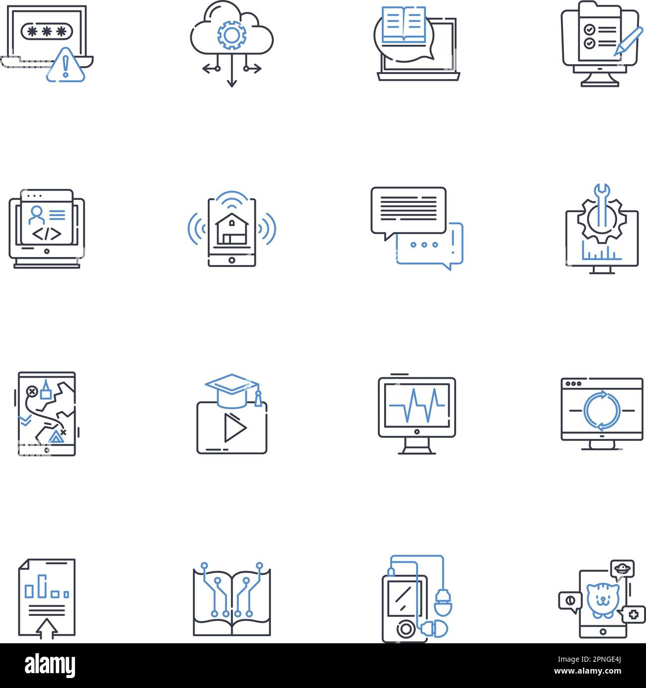 Gerätegesteuerte Symbolsammlung. Automatisiert, Integriert, Intelligent, Vernetzt, Autonom, Reaktionsschnelle, proaktive Vektordarstellung und lineare Darstellung Stock Vektor