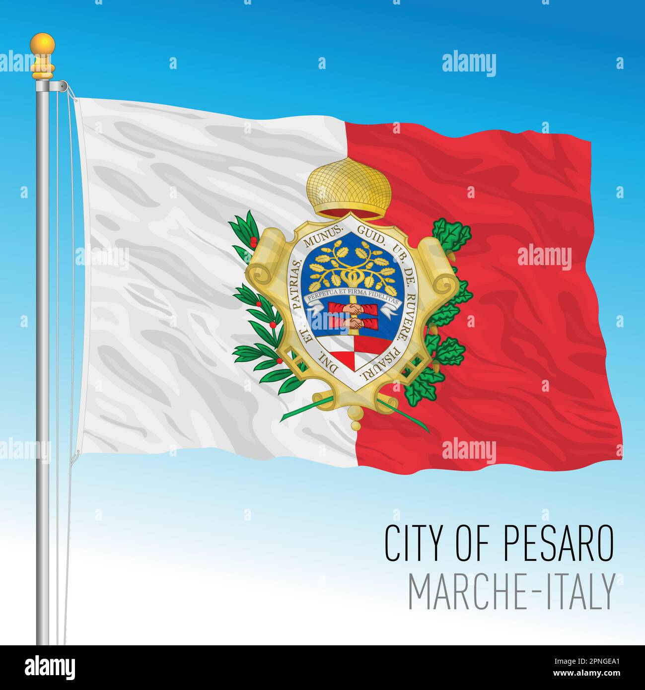Stadt Pesaro Flagge mit Wappen, Marche Region, Italien, Vektordarstellung Stock Vektor