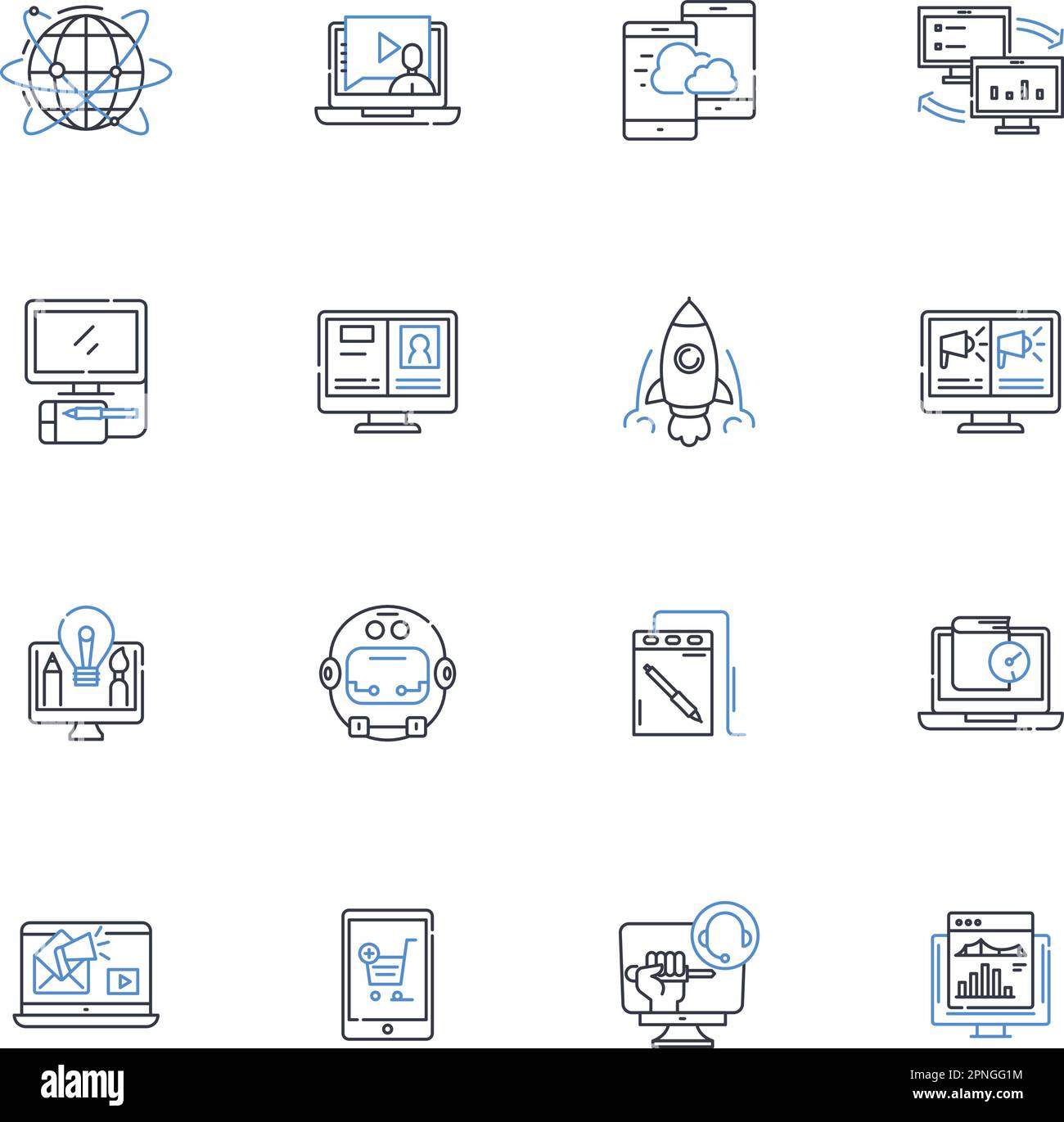 Symbolsammlung der Leitungen des Telekommunikationssystems. Drahtlos, Glasfaser, Nerk, Kommunikation, Satellit, Breitband, digitaler Vektor und linear Stock Vektor