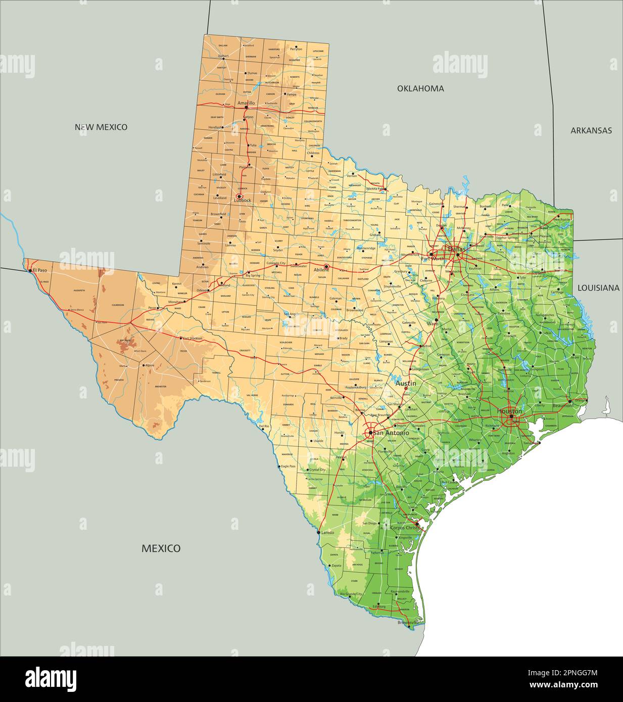 Hochdetaillierte physische Karte von Texas mit Beschriftung. Stock Vektor