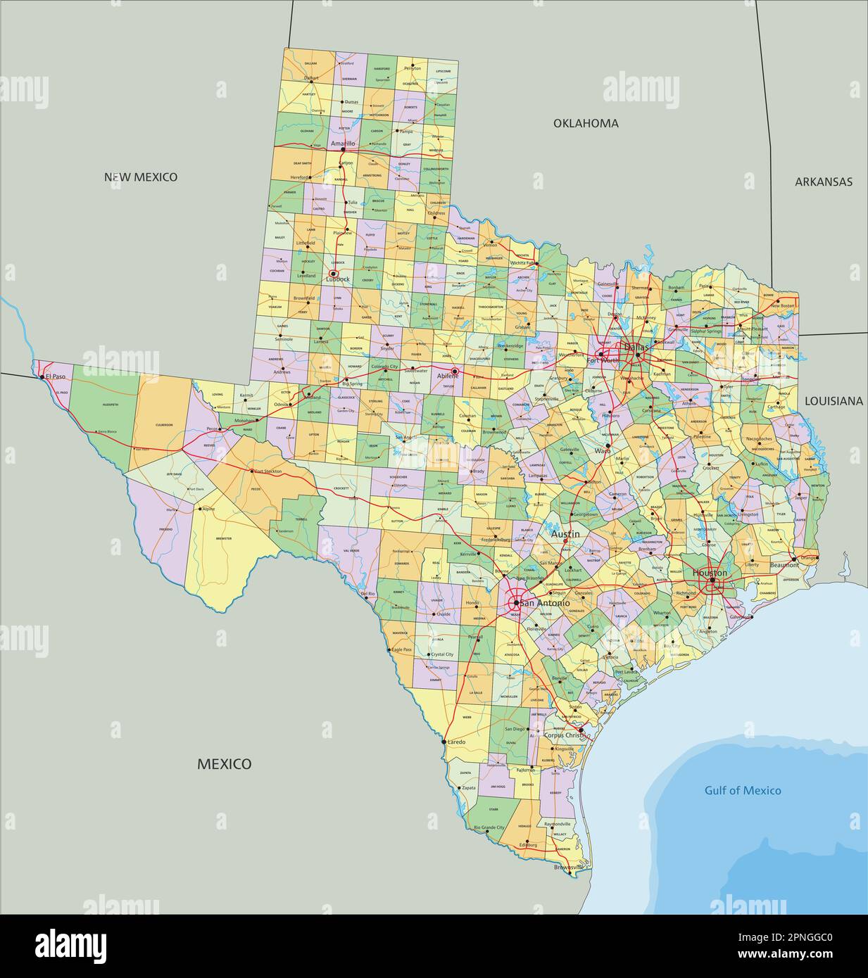 Texas - sehr detaillierte, bearbeitbare politische Karte mit Beschriftung. Stock Vektor