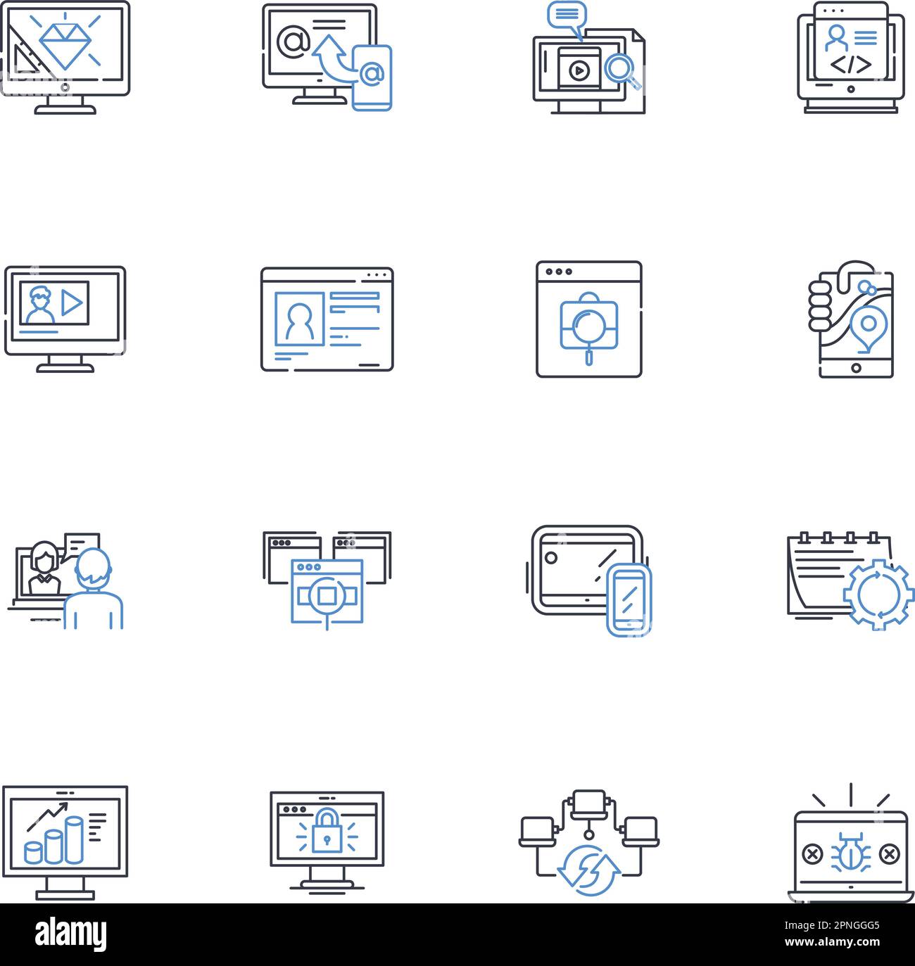 Sammlung von Symbolen der Informationshardware. Prozessor, Speicher, Grafik, Display, Hauptplatine, Eingabe, Ausgabe-Vektor und lineare Darstellung. Lagerung Stock Vektor