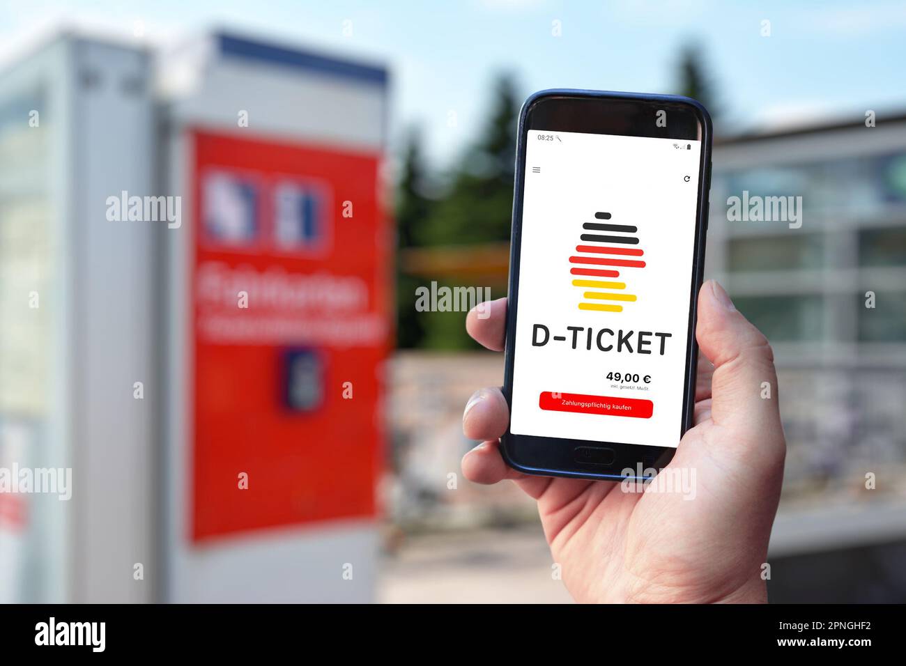 Deutschland - April 2023: Mobile App für 49 Euro Ticket, auch als 'Deutschlandticket' für öffentliche Verkehrsmittel in Deutschland bezeichnet Stockfoto