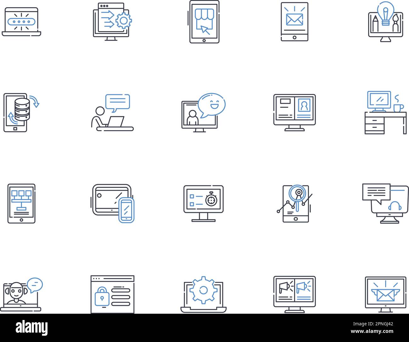 Sammlung von Symbolen für elektronische Werbelinien. Digital, Werbung, Online, Suche, Anzeige, Programmatische, soziale Vektoren und lineare Illustrationen. Mobil, Video Stock Vektor