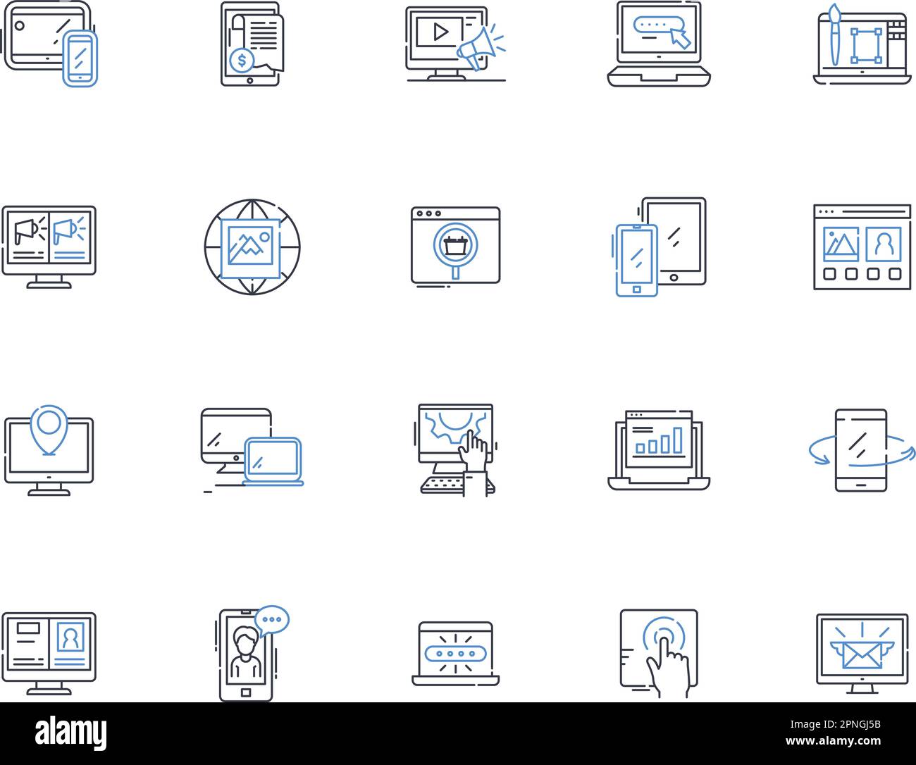 Sammlung von elektronischen Grenzlinien-Symbolen. Cybersicherheit, Verschlüsselung, Datenschutz, Hacking, Daten, Überwachung, Hacktivismus-Vektor und lineare Illustration Stock Vektor