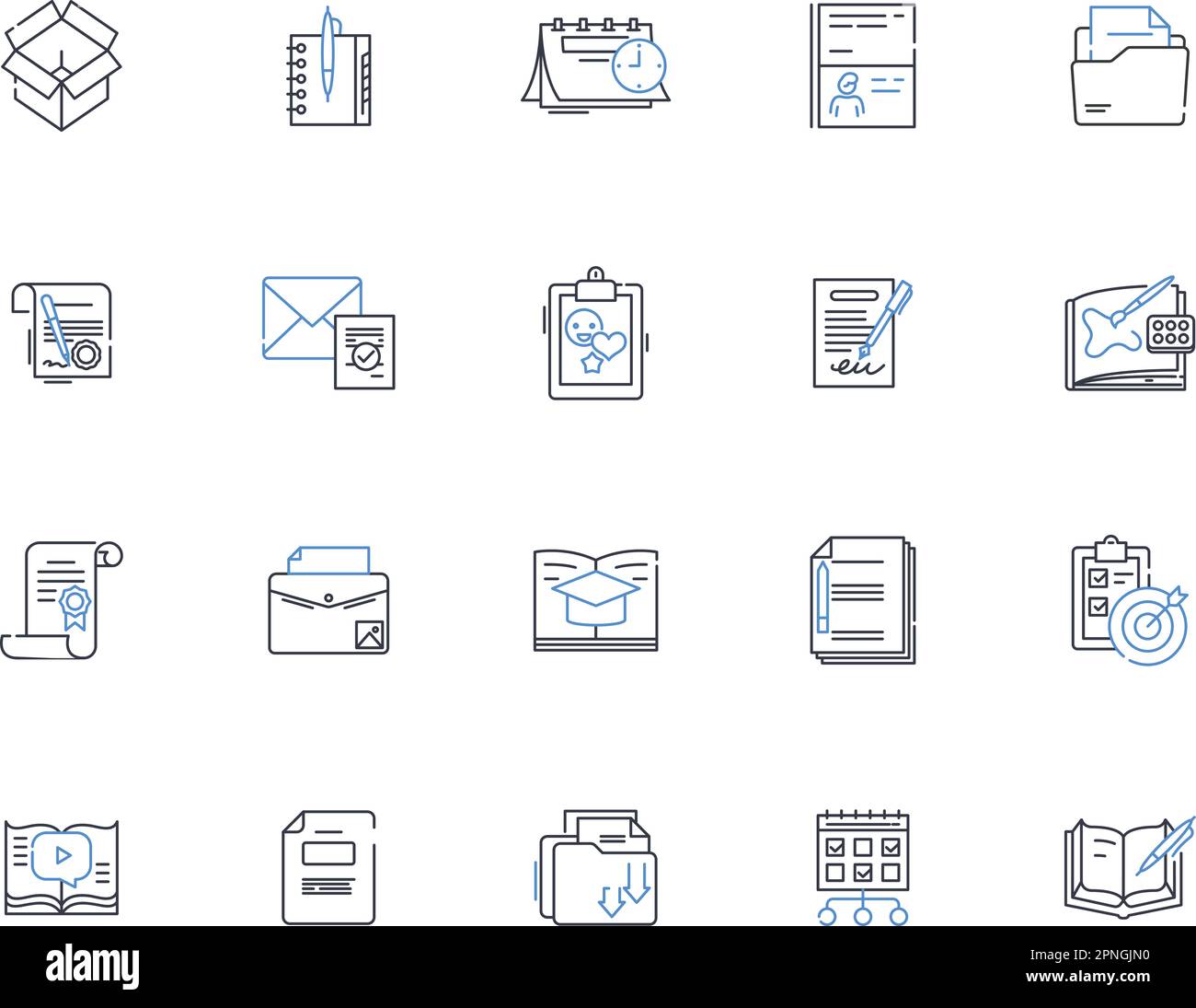 Sammlung veröffentlichter Fertigungslinien-Symbole. Bücher, Romane, Kurzgeschichten, Gedichte, Essays, Drehbücher, Skriptvektor und lineare Darstellung. Anthologien Stock Vektor