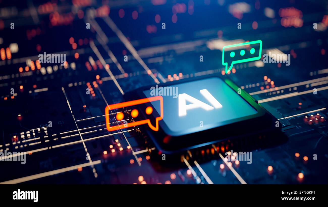 Konzeptionelles Bild mit einer Sprechblase neben einer interaktiven KI-CPU. 3D-Rendering Stockfoto