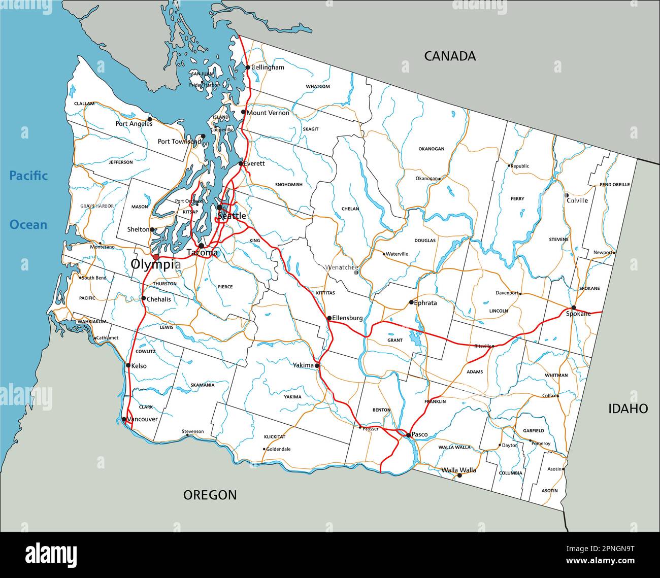 Detaillierte Straßenkarte von Washington mit Kennzeichnung. Stock Vektor