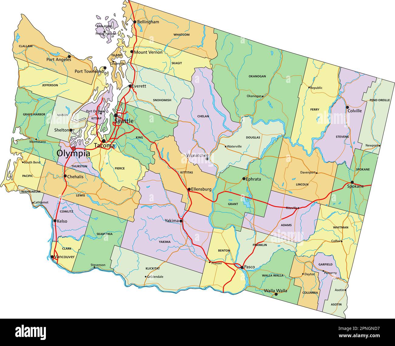 Washington - sehr detaillierte, bearbeitbare politische Karte mit Beschriftung. Stock Vektor