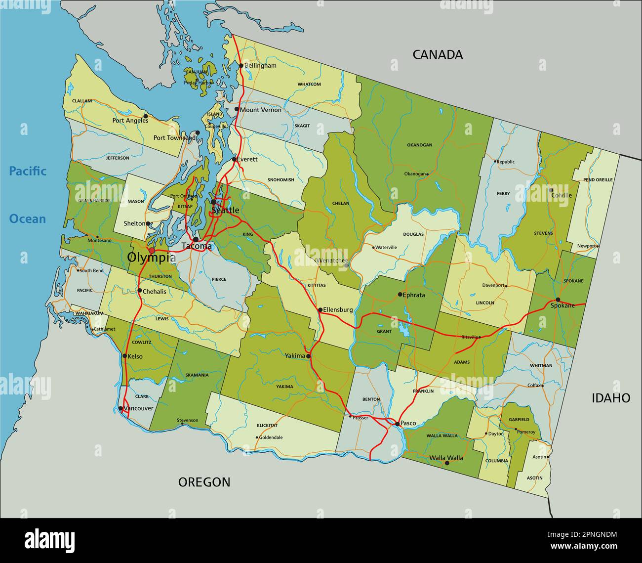 Sehr detaillierte, bearbeitbare politische Karte mit getrennten Schichten. Washington. Stock Vektor