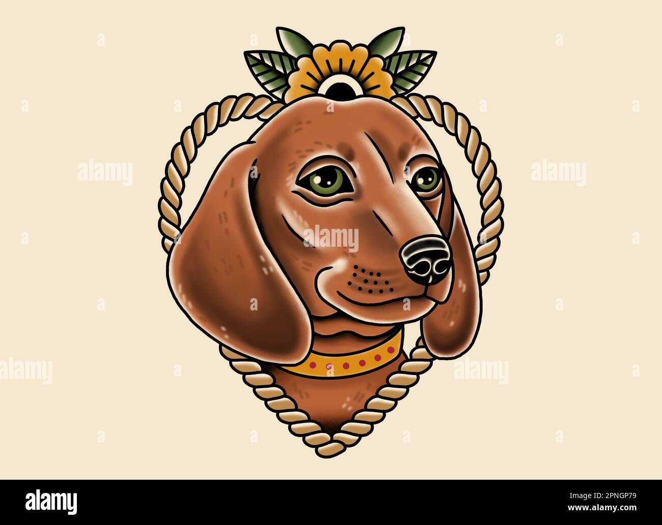 Hundeportrait-Dackel mit Blumen- und herzförmigem Strickrahmen in Vollfarbe Zeichnung, inspiriert vom Tattoo-Art-Stil Stockfoto