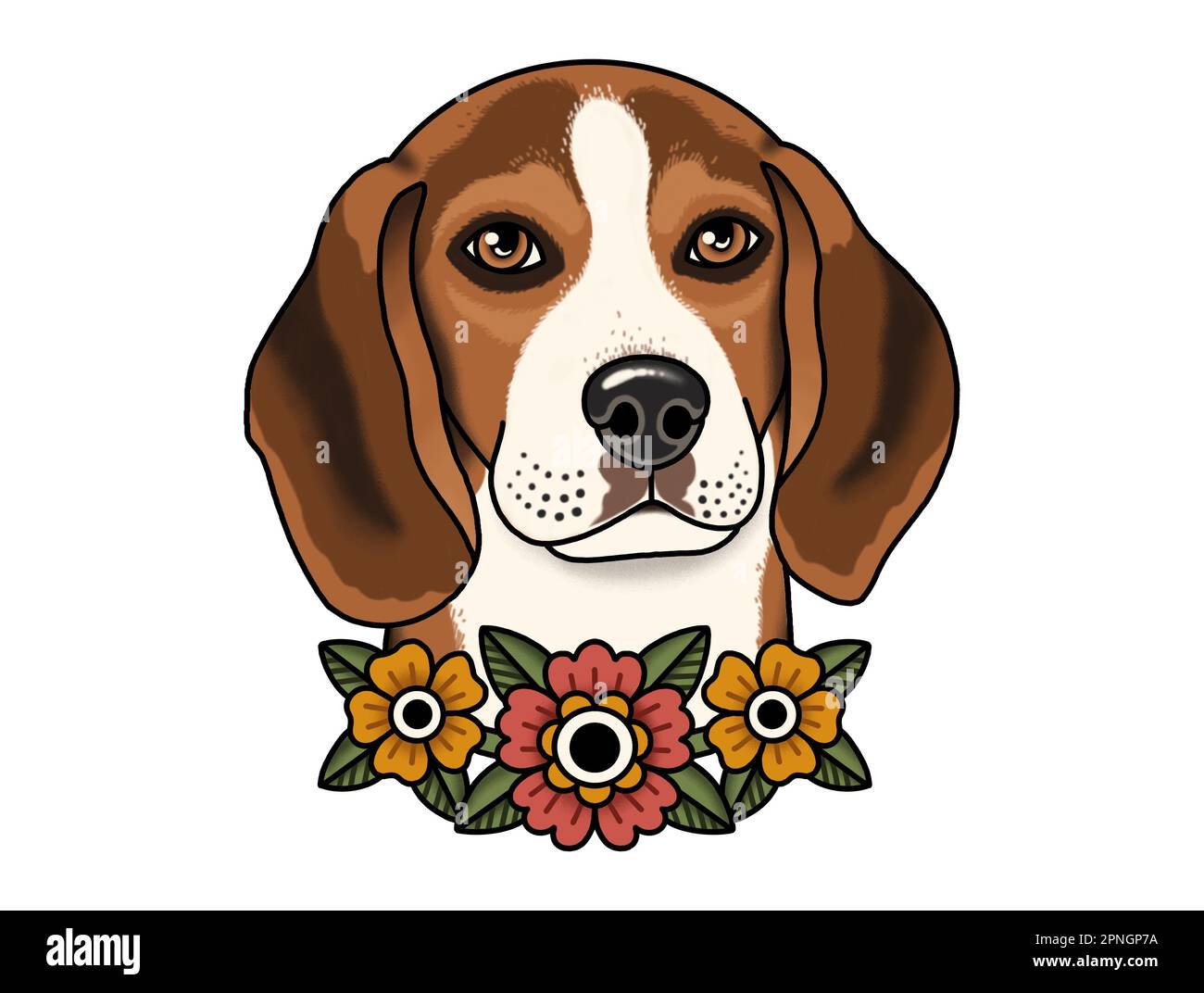 Hundeportrait Beagle mit Blumen in Farbe Zeichnung, inspiriert vom Tattoo-Art-Stil Stockfoto