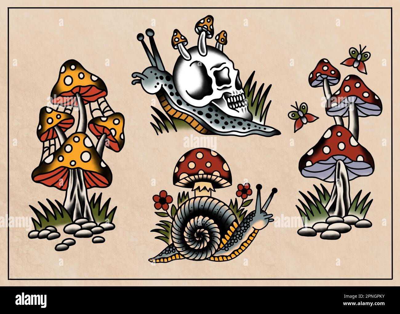 Old School, traditionelle Tattoo Art-Zeichensammlung voll gefärbt auf altem Papierhintergrund, 4 verschiedene Designs, Pilze, Schnecken, Insekten Stockfoto