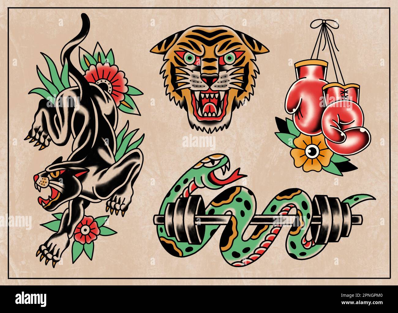 Old School, traditionelle Tattoo Art-Zeichensammlung voll gefärbt auf altem Papierhintergrund, 4 verschiedene Designs, Tiere und Sportobjekte Stockfoto