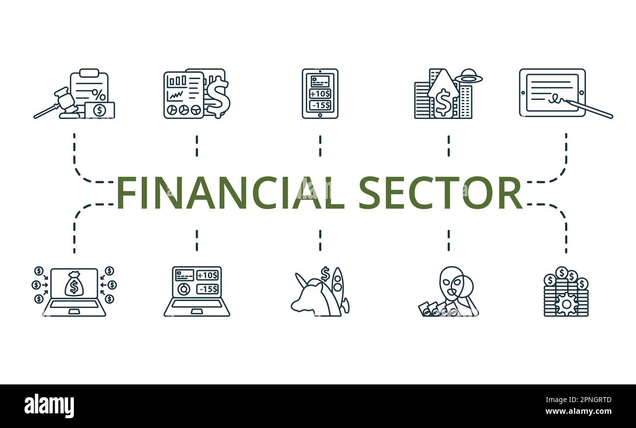 Überblick über den Finanzsektor. Kreative Symbole: Steuervorschriften, Finanzdatenanalyse, digitales Banking, Zukunft des Geldes, elektronische Signatur Stock Vektor