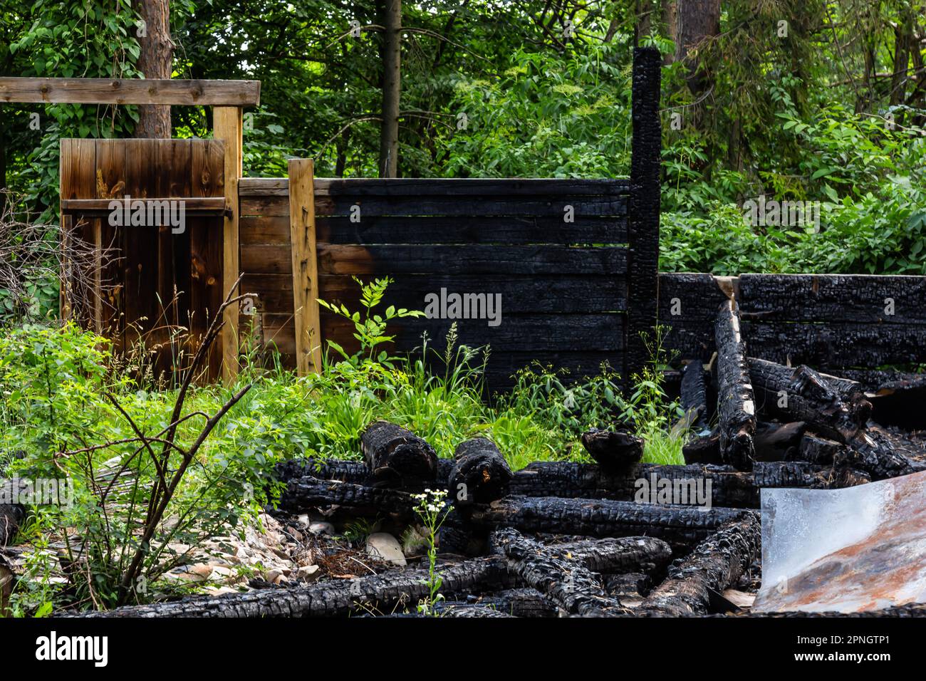 Durch Feuer zerstört Holzhaus komplett niedergebrannt Ruinen eines verbrannten Holzhauses nach einem Brand . Stockfoto