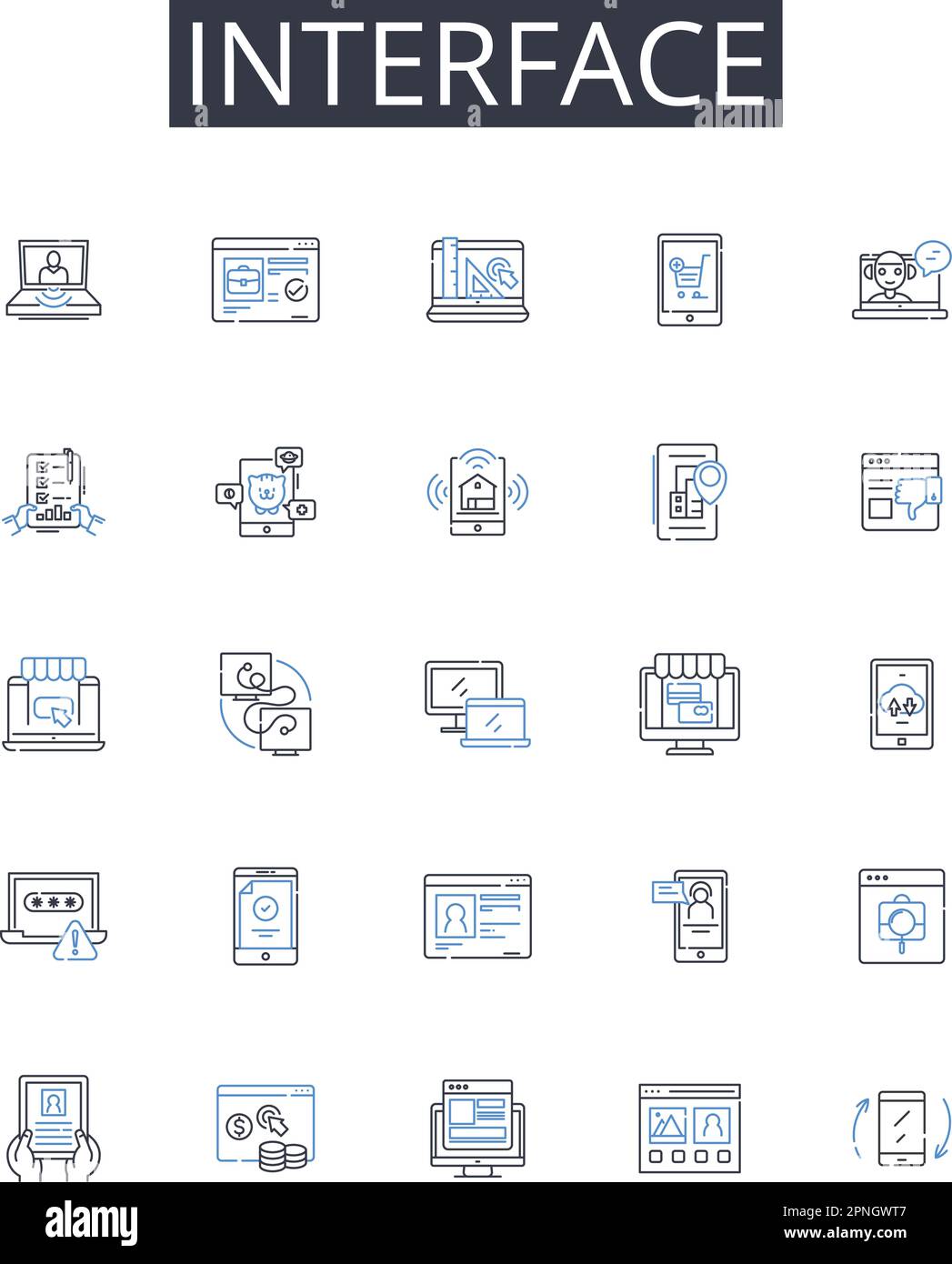 Symbolsammlung für Schnittstellenzeilen. Verbindungspunkt, Interaktionsbereich, Treffpunkt, Touchpoint-System, Verknüpfungsplattform, Kommunikationsstelle Stock Vektor
