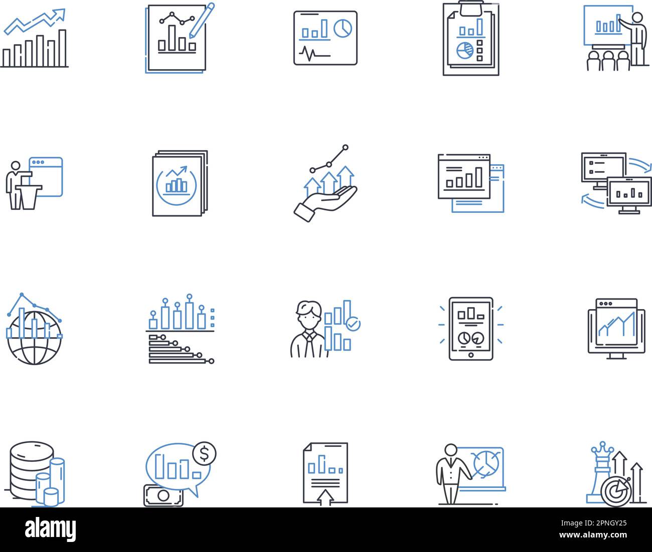 Sammlung der Liniensymbole der grafischen Darstellung. Visualisierung, Diagramm, Infografik, Diagramm, Abbildung, Diagramm, Vektor anzeigen und lineare Darstellung Stock Vektor