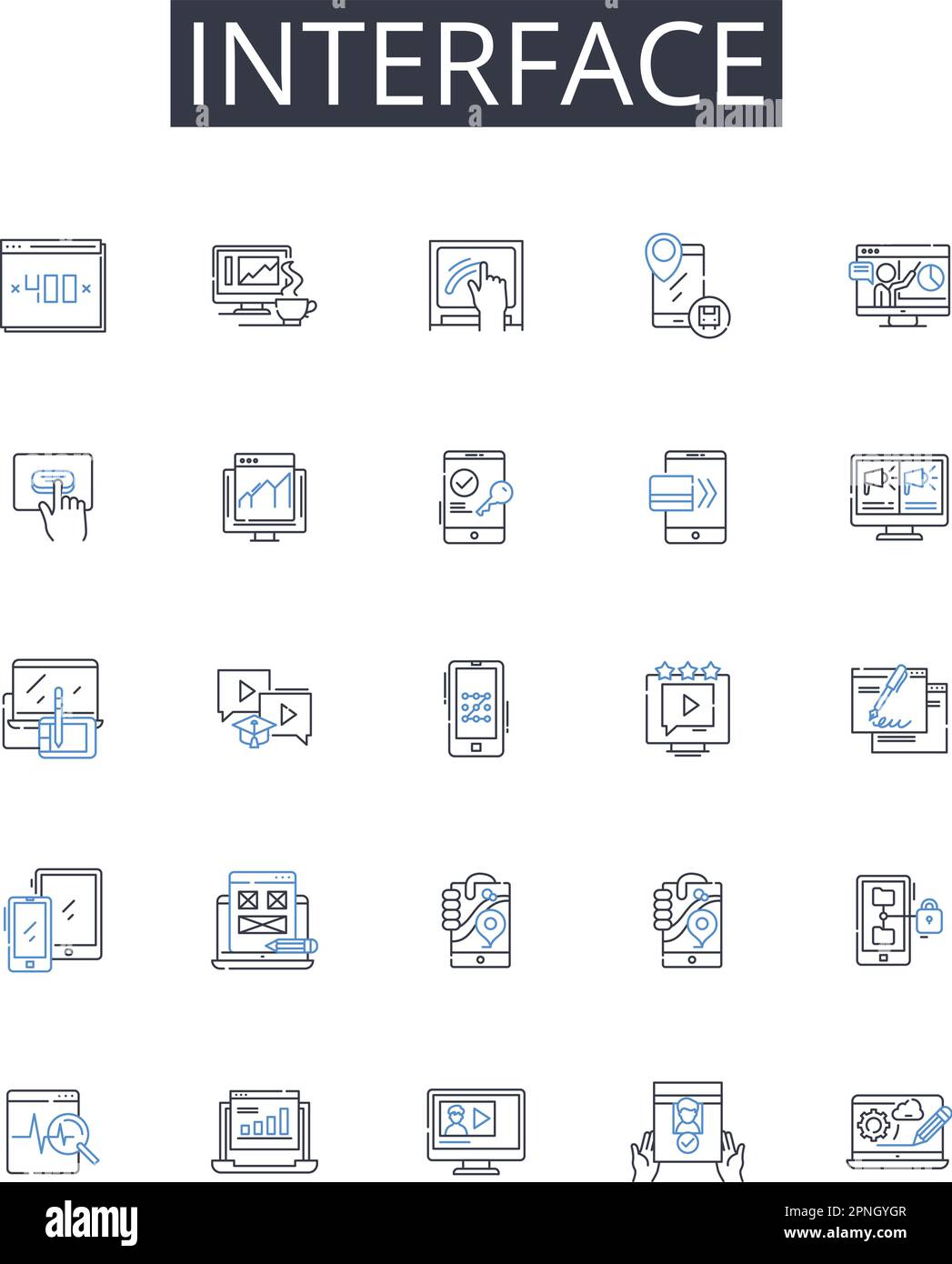 Symbolsammlung für Schnittstellenzeilen. Verbindungspunkt, Interaktionsbereich, Treffpunkt, Touchpoint-System, Verknüpfungsplattform, Kommunikationsstelle Stock Vektor