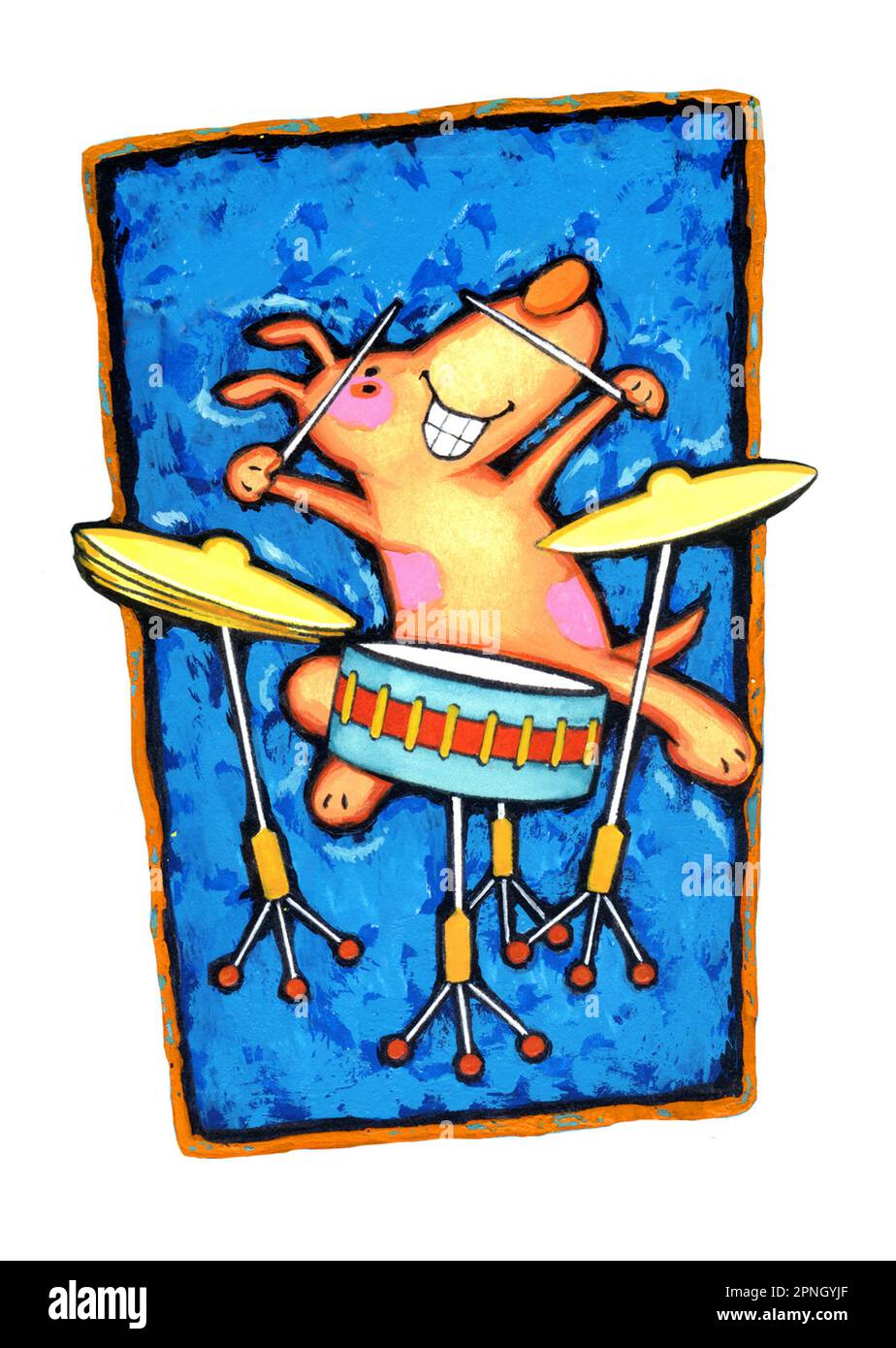 Eine verrückte Hundefigur, die Schlagzeug spielt Stockfoto