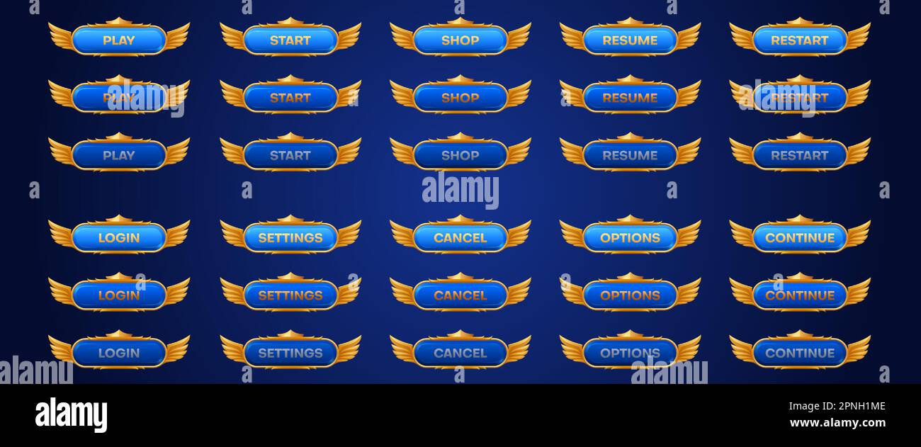 Animation der mittelalterlichen Spielknöpfe mit Kronenvektorset. 2D goldenes Rahmenlayout für mobile Popup-Aktionen für die App-Oberfläche. Abbildung des blauen Grafikpakets zum Abspielen und Abbrechen des Menüs mit dem Mauszeiger. Stock Vektor