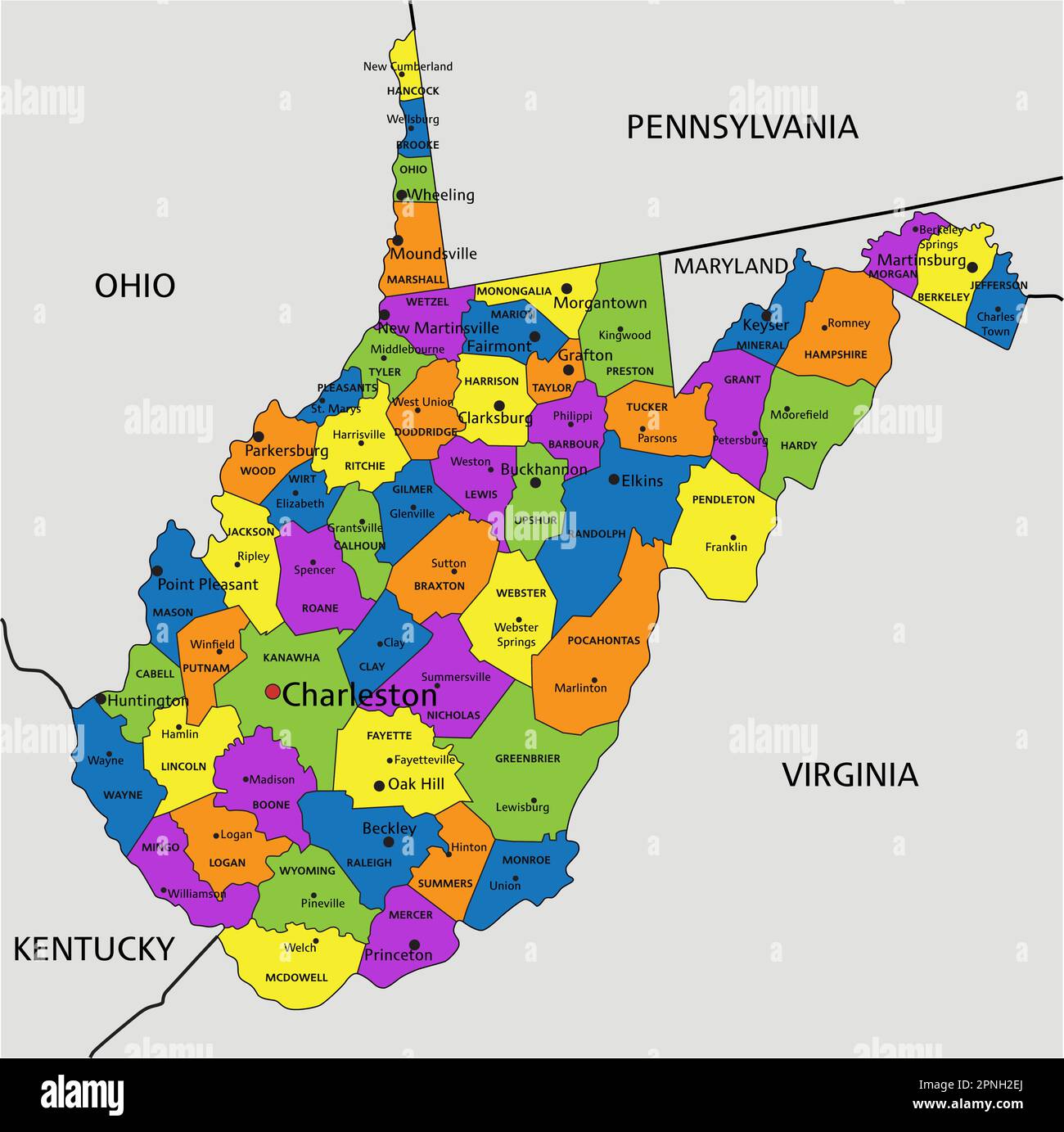 Farbenfrohe politische Karte von West Virginia mit klar gekennzeichneten, getrennten Schichten. Vektordarstellung. Stock Vektor