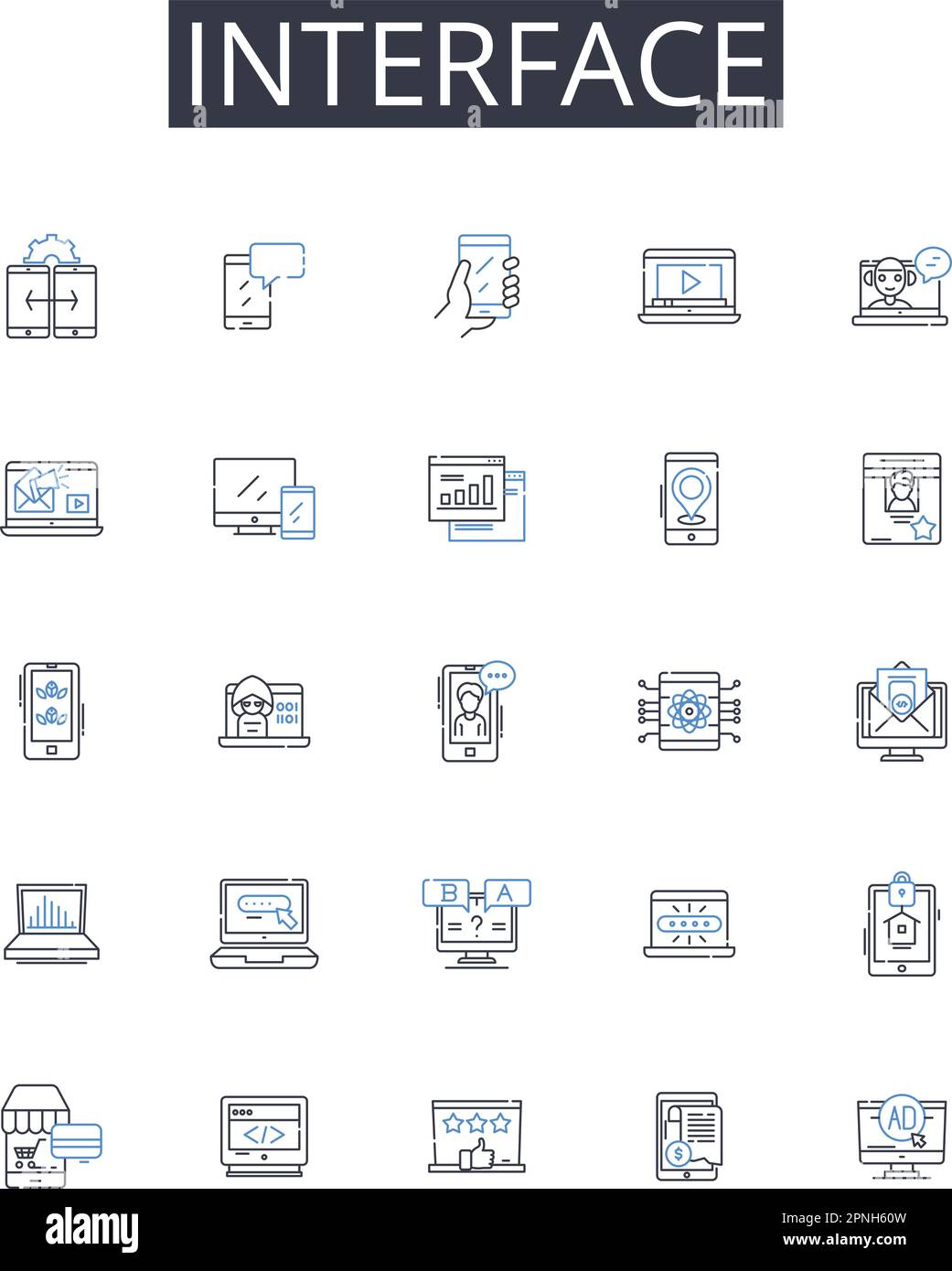 Symbolsammlung für Schnittstellenzeilen. Verbindungspunkt, Interaktionsbereich, Treffpunkt, Touchpoint-System, Verknüpfungsplattform, Kommunikationsstelle Stock Vektor