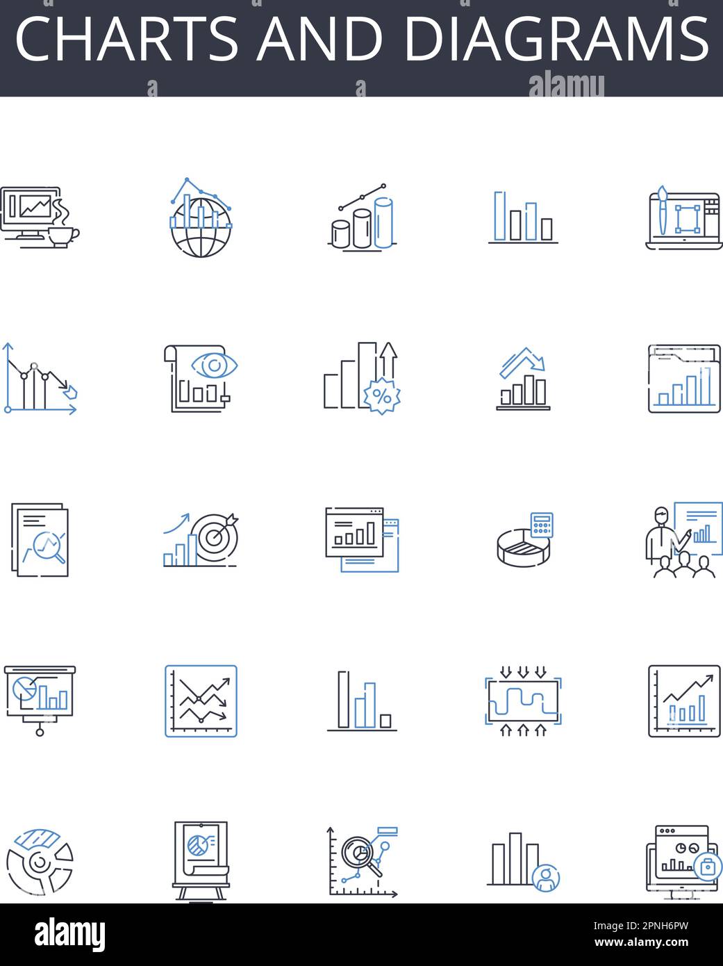 Sammlung von Liniensymbolen für Diagramme und Diagramme. Segmentierung, Verbraucherverhalten, Wettbewerbsanalyse, Demografie, Trends, Wahrnehmung, Einsichtsvektor Stock Vektor