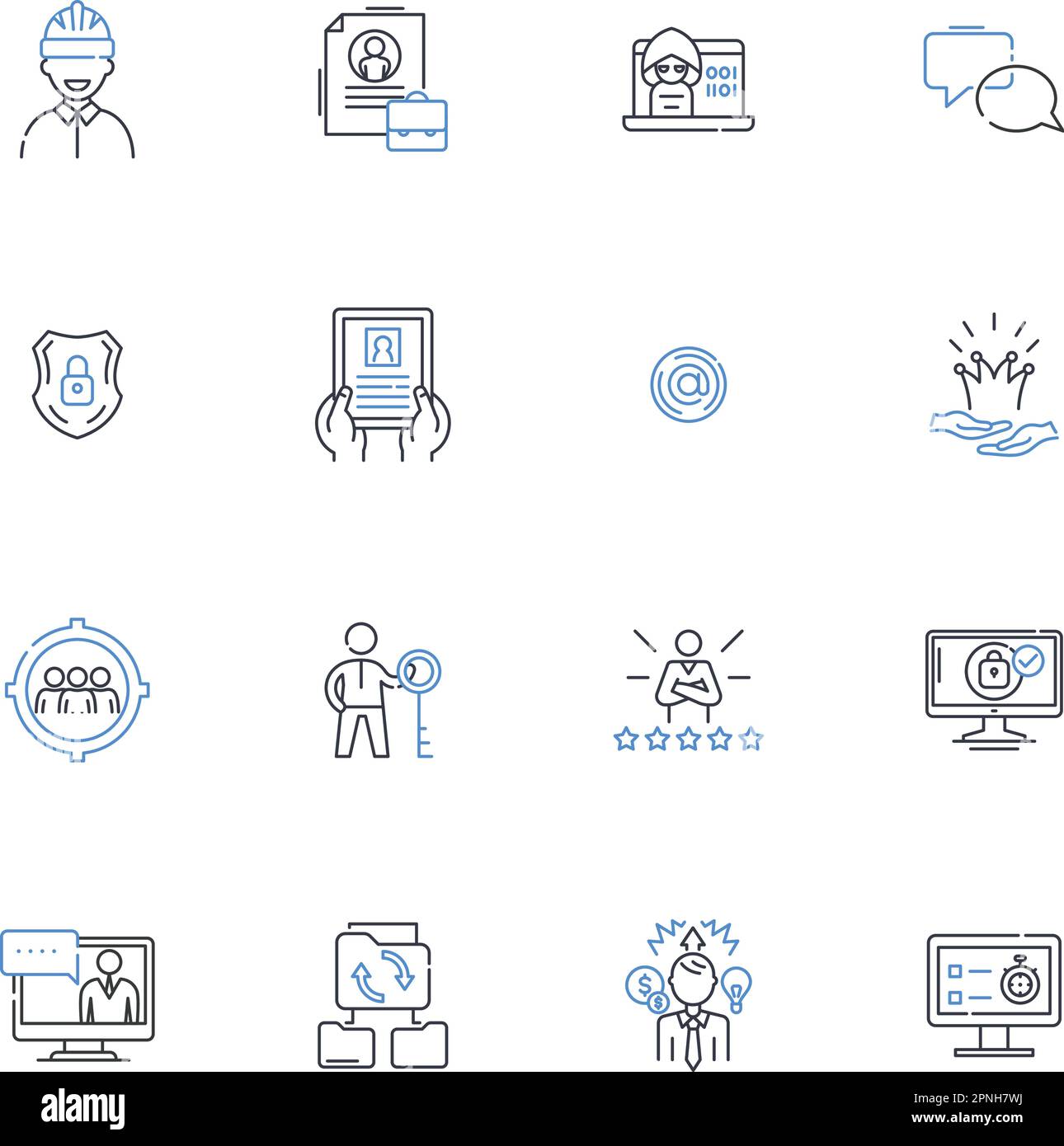 Symbolsammlung für Büromitarbeiter. Ablage, Dateneingabe, Führung von Aufzeichnungen, Sekretär, Administrator, Empfangsmitarbeiter, Customer Service Vector und linear Stock Vektor