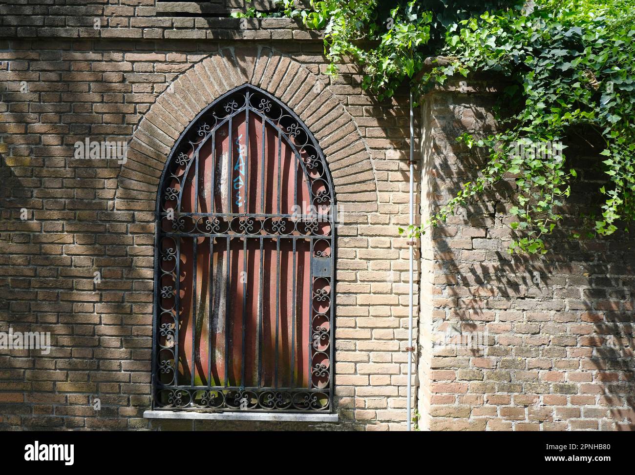 Geschlossenes Fenster mit Fensterläden in der alten Backsteinmauer. Schatten und Efeu-Blätter an der Ziegelwand. Natürlicher Hintergrund im Freien Stockfoto
