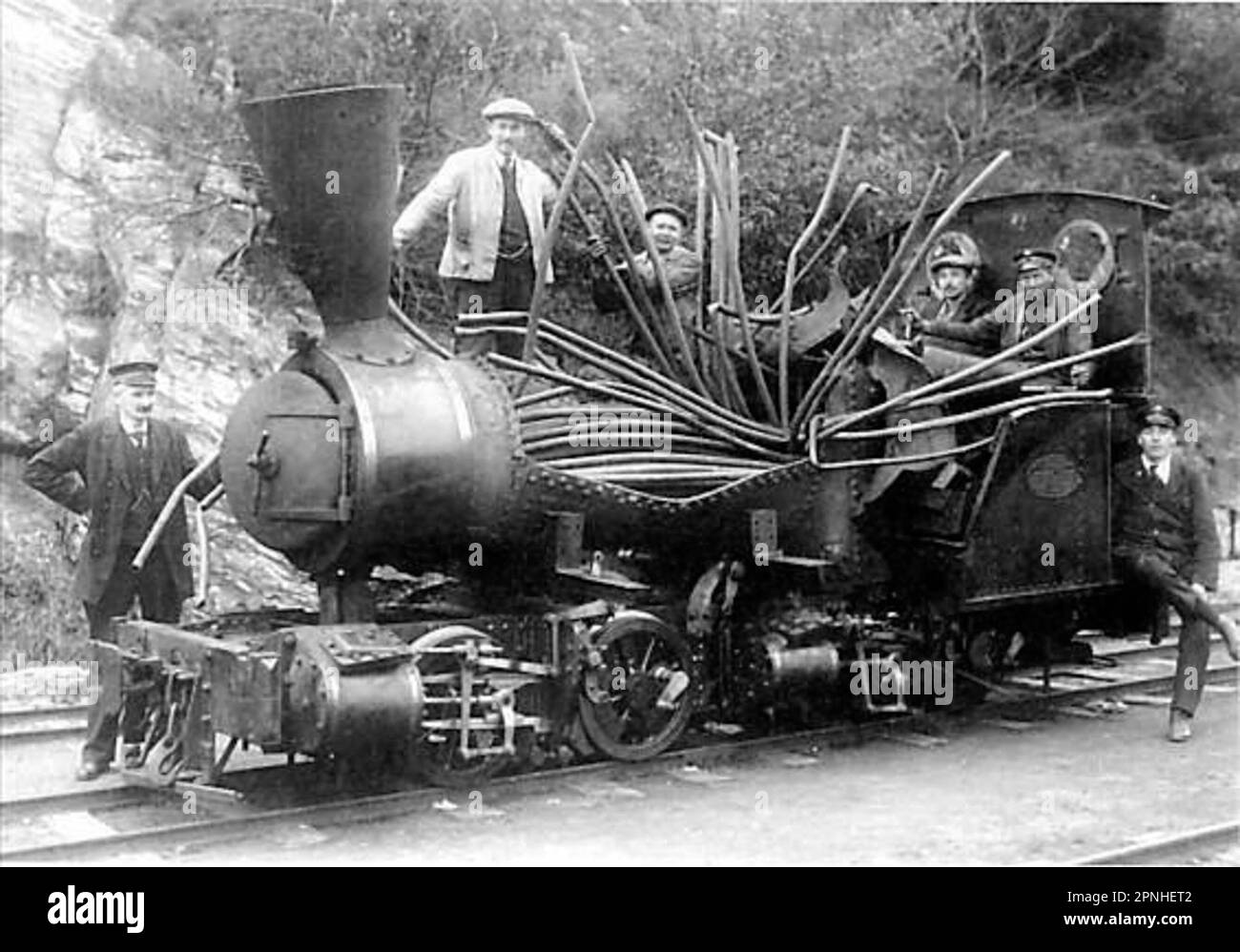Kesselexplosion einer Schmalspurlokomotive der Linie Nesttun–OS Stockfoto