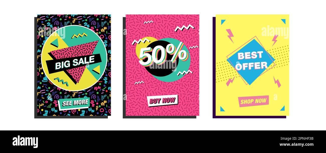 Sammlung abstrakter Vinatge-Illustrationen. Grafiksatz für Flyer, Poster, Banner im Internet. Vektorvorlage „Rabatt“, „Verkauf“, „Black Friday“, „Räumungsverkauf“ Stock Vektor