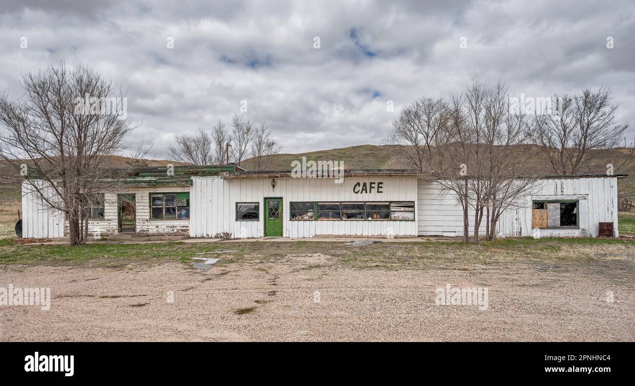 Verlassenes Straßencafé in der Stadt Wasta, South Dakota, USA Stockfoto