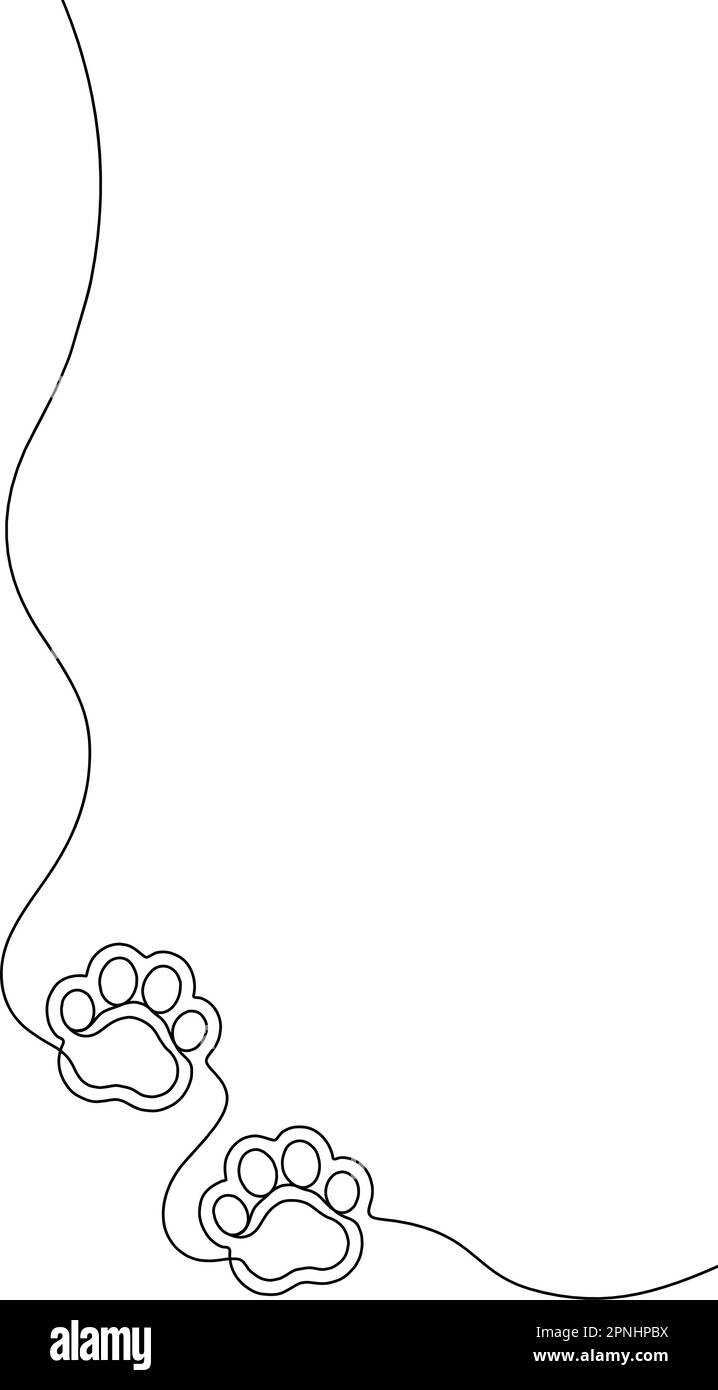 Durchgehende Pfotenzeichnung. Ein Hund oder eine Katze mit einer Hand. Design-Drucke. Fußabdruck auf Linie markieren. Skizze der schwarzen linie isoliert Stock Vektor