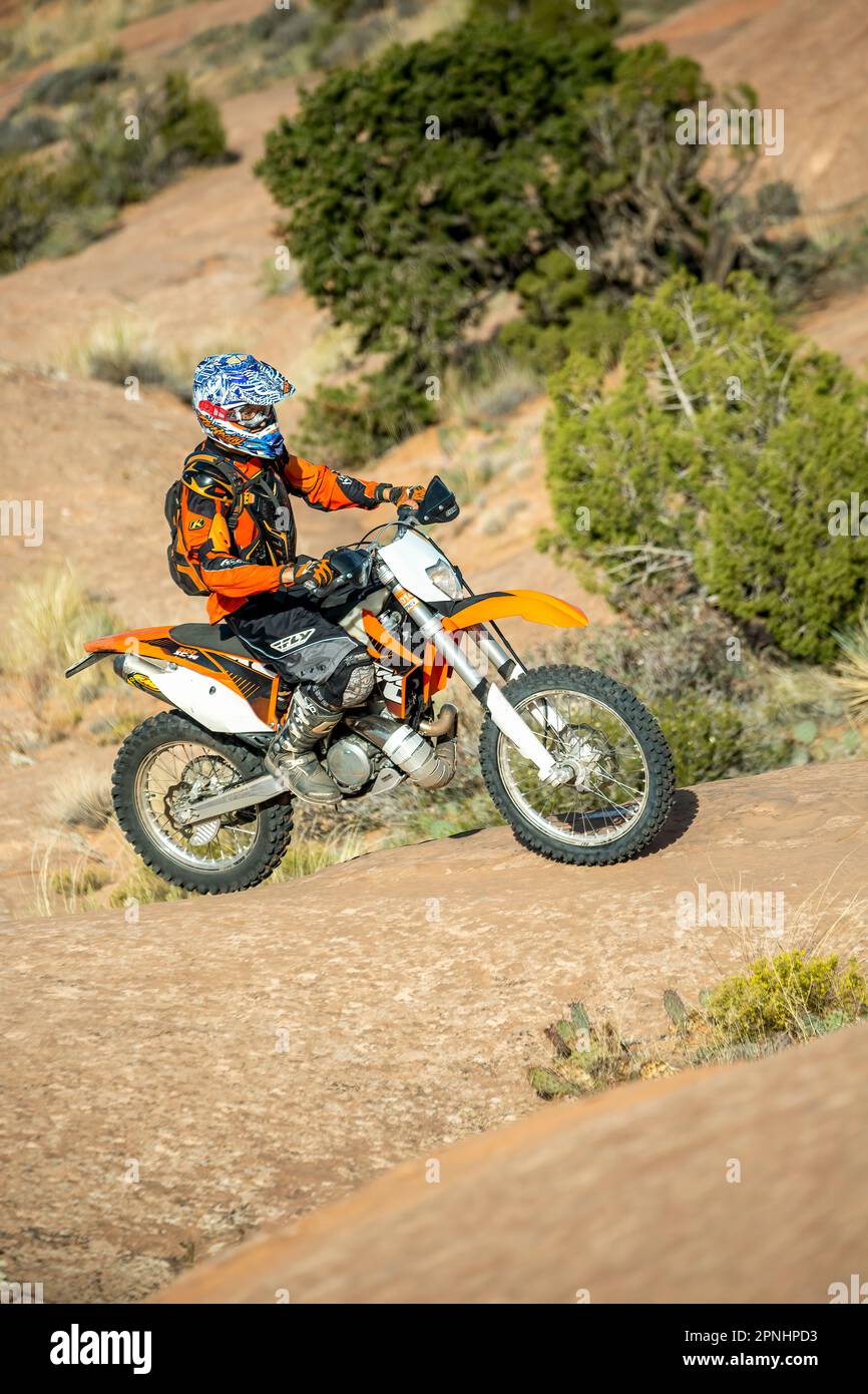 Motocross Rider, Slickrock Trail, Sand Flats Recreation Area, Moab, Utah USA Stockfoto